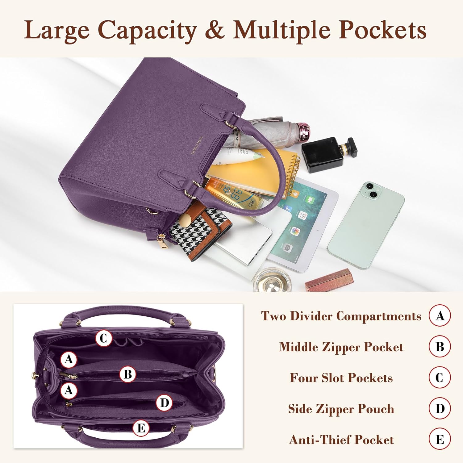 IGOLUMON Women's Top-Handle Handbags PU Vegan Leather Satchel Purses for Women Designer Tote Purse Handbag with Cute Pompom - Image 6