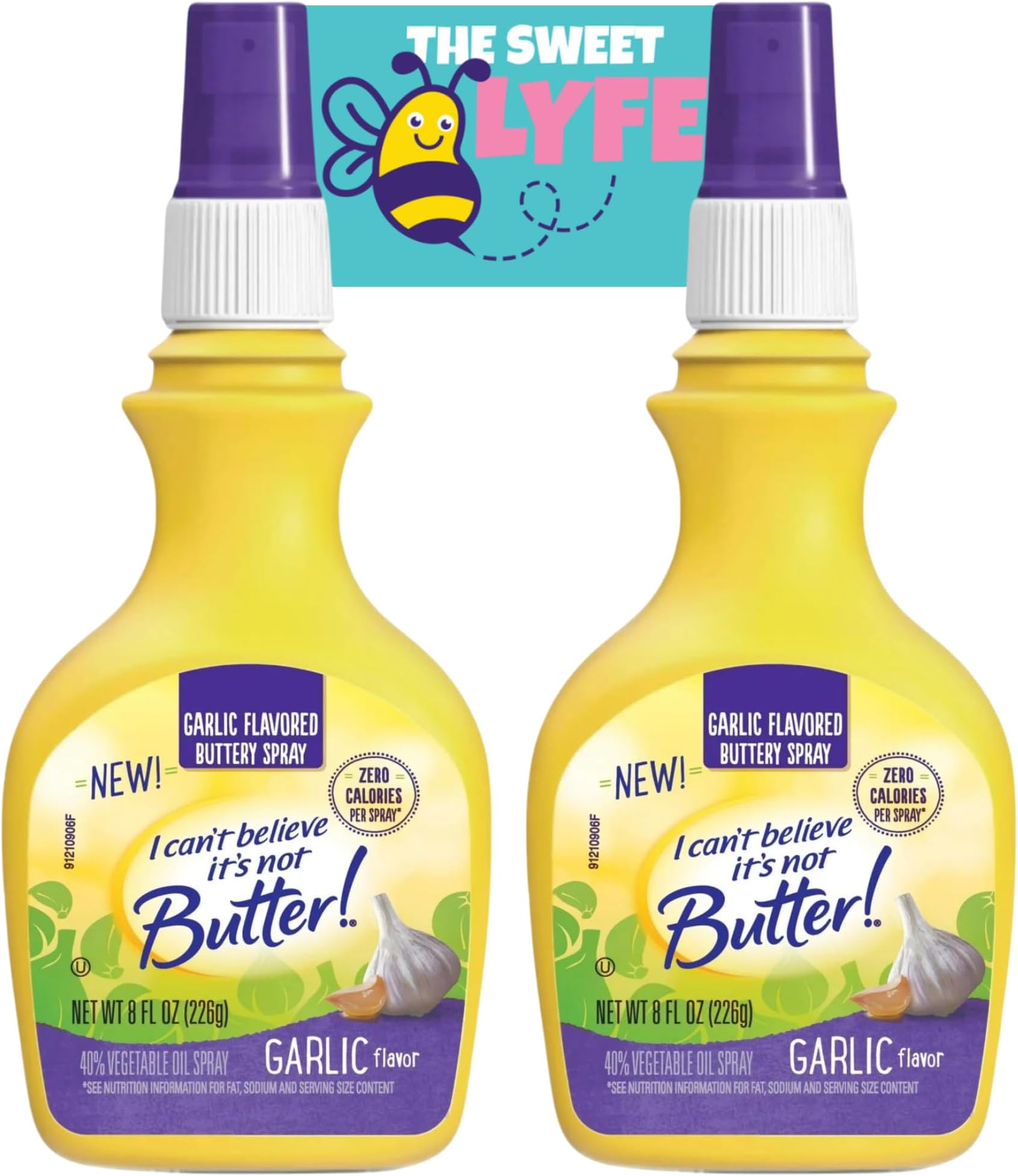 Garlic Flavored Vegetable Oil Spray Bundle. Includes Two- 8 Oz Bottle of I Can't Believe It's Not Butter Garlic Spray Plus The Sweet Lyfe Fridge Magnet. Plant-Based Vegetable Oil for Cooking & More!