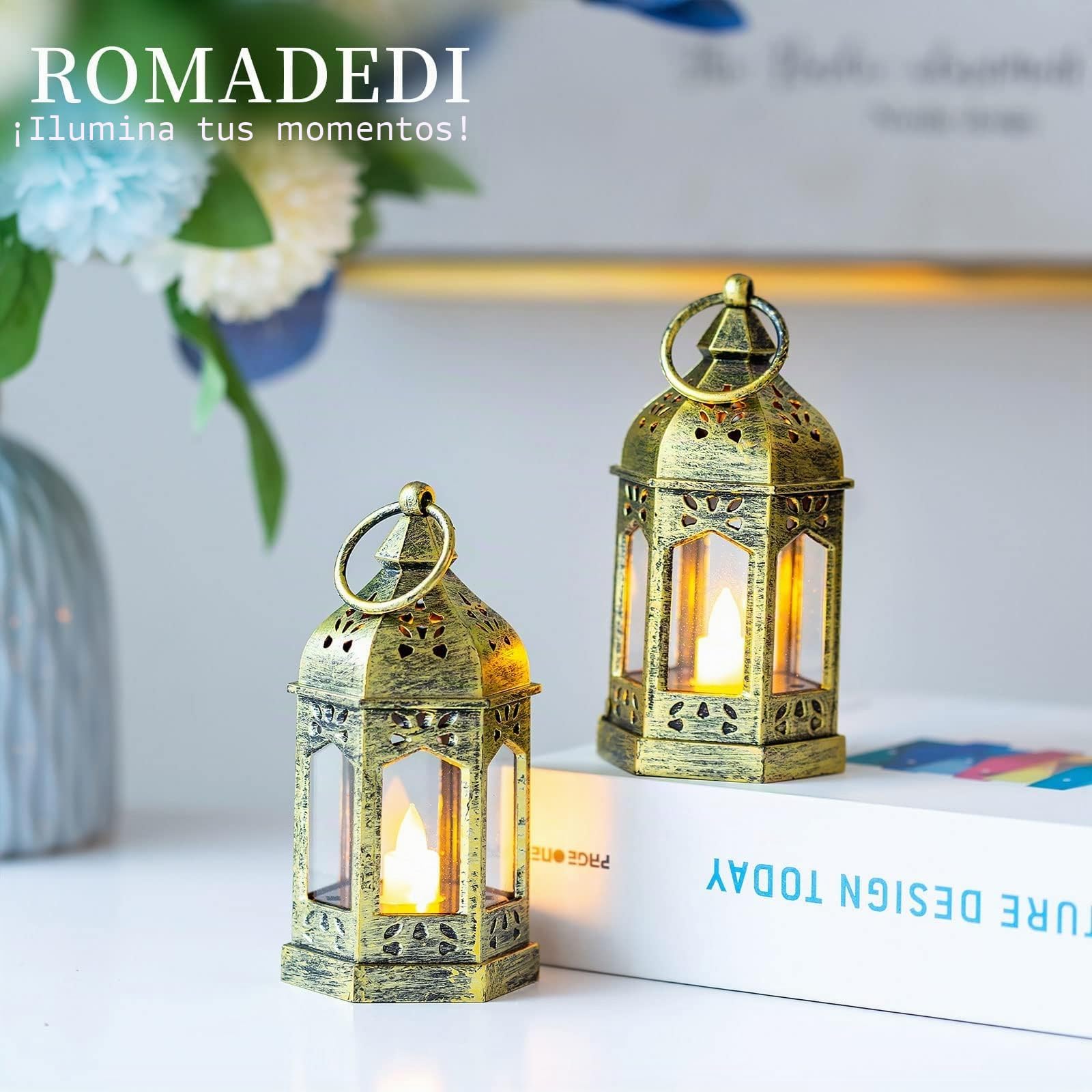 Romadedi Farolillos dorados para decoración de mesa de boda, juego de 10 mini farolillos para colgar, con velas LED para decoración de fiestas, Navidad, Ramadán, jardín, balcón, exterior, oriental
