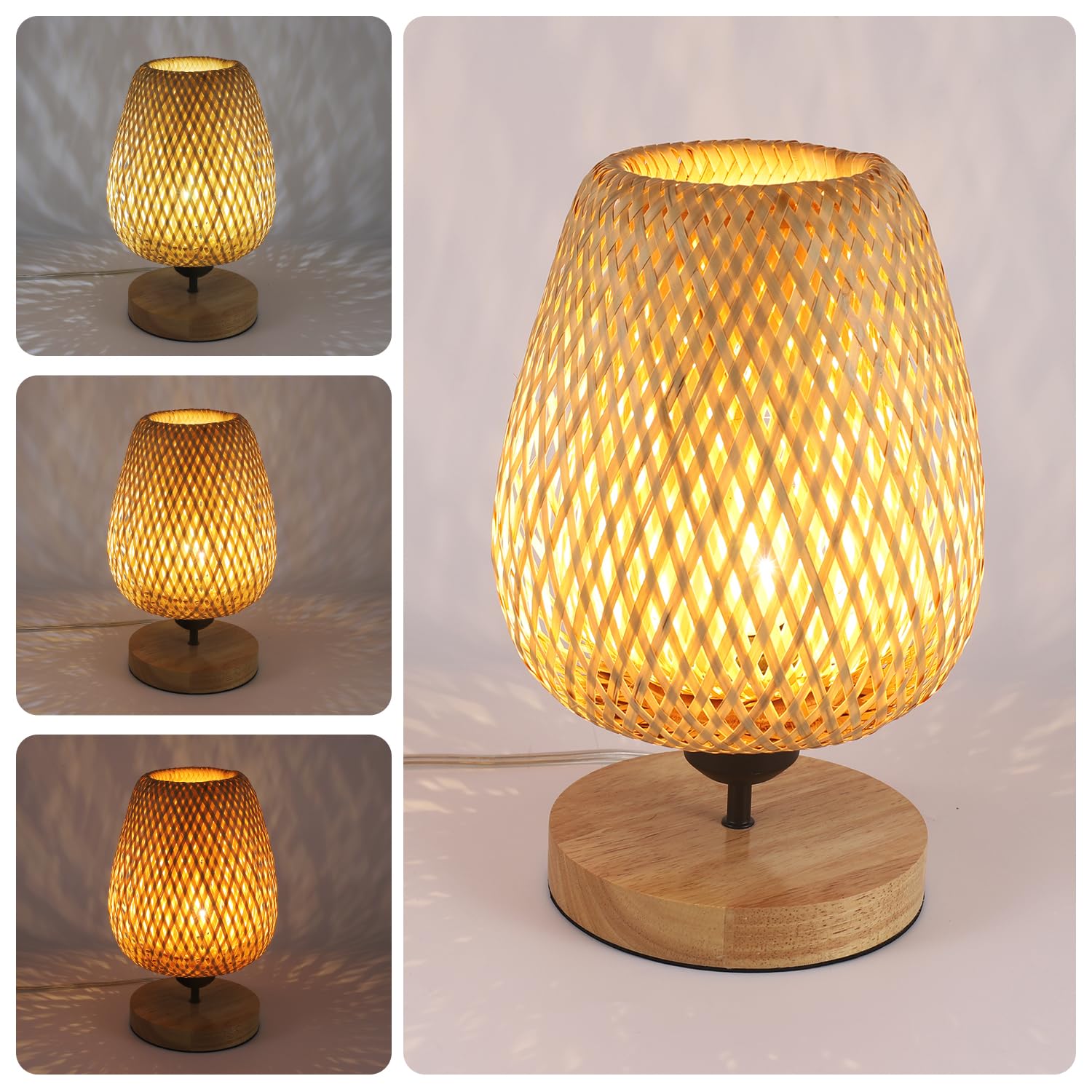 Comely Bambou Tissé Lampe de Table, Lampe de Chevet Abat-Jour en Bambou | Base en Bois Naturel pour Chambres à Coucher, Bureau, Salle à Manger