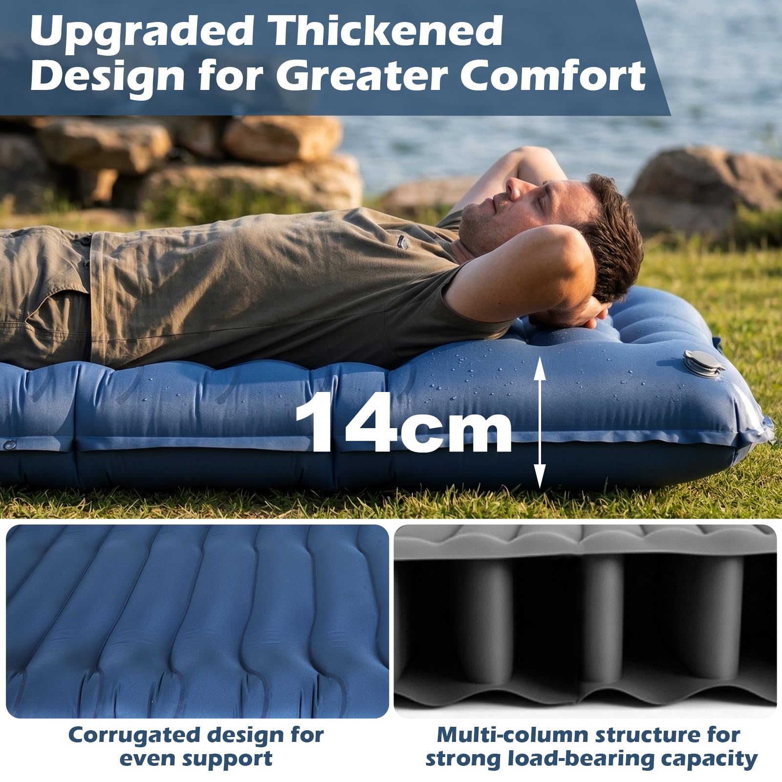 Colchoneta autoinflable para exteriores, 14 cm, colchón de aire grueso, colchoneta para acampar con almohada, plegable, esterilla de camping compacta, para senderismo, viajes, playa, 192 x 68 x