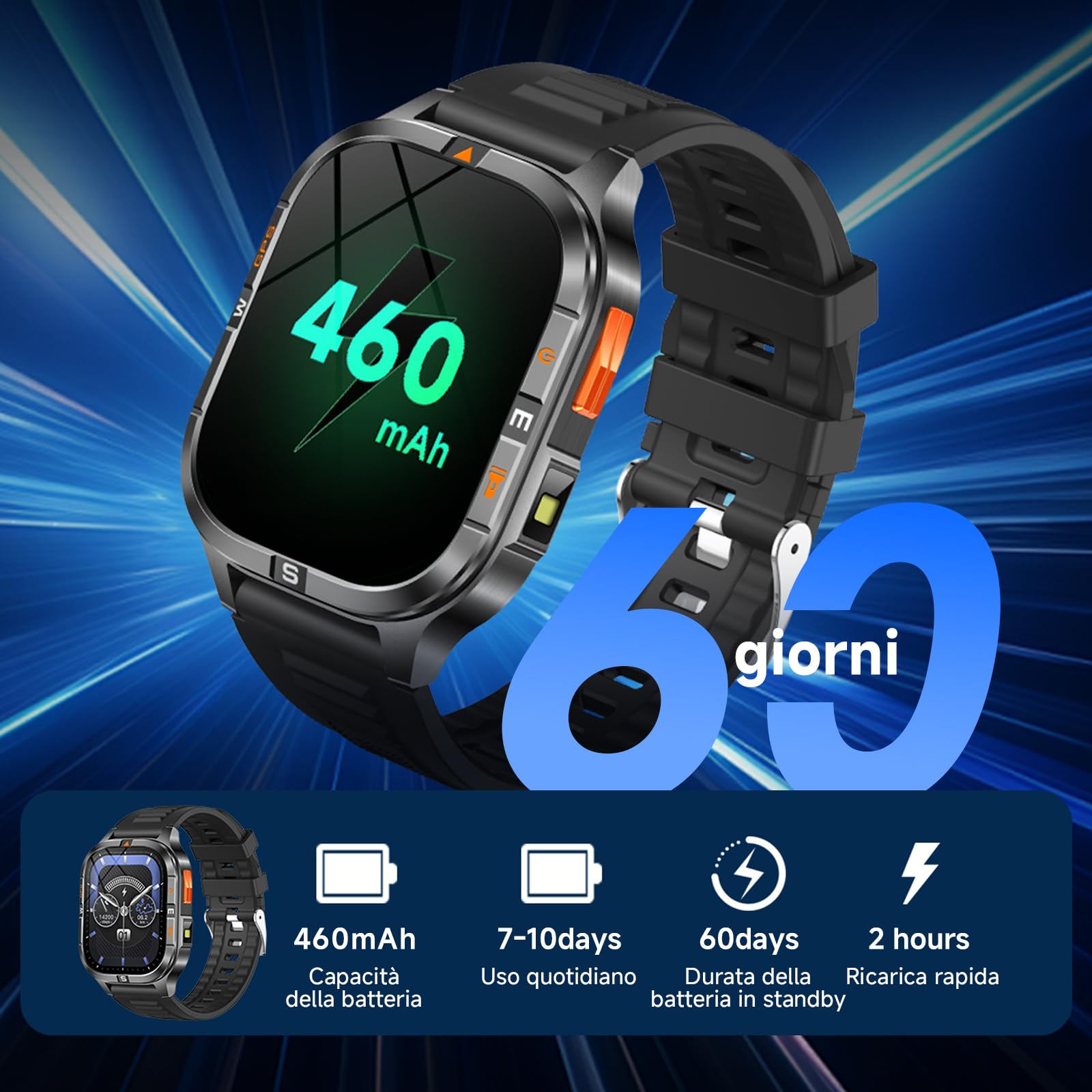 Orologio intelligente GPS militare con bussola/altezza/torcia, 2,01 pollici con schermo HD, assistente vocale/chiamate Bluetooth, per Android e iOS, diverse modalità di movimento (Nero)