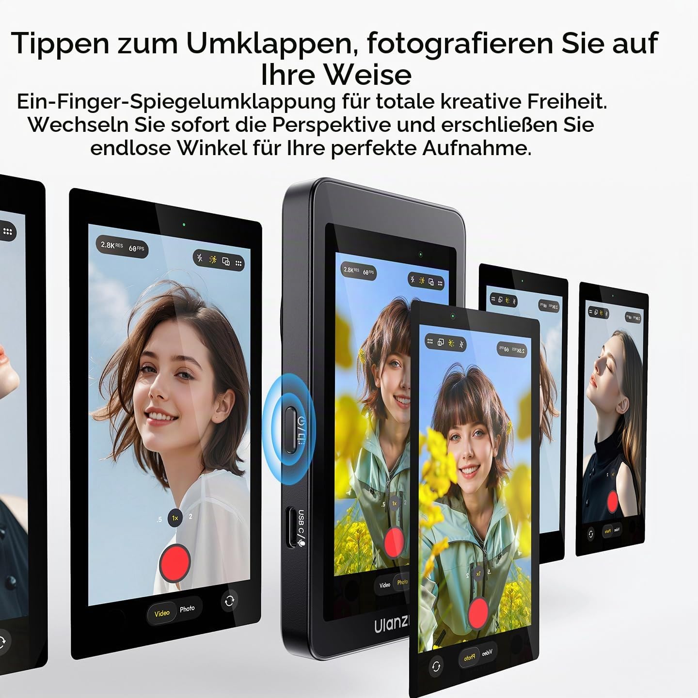 ULANZI VM1 Magnetischer Handy Selfie Monitor 3,97" IPS, 4K 60FPS Vlog Bildschirm, Magsafe Plug & Play, 3-Helligkeitsstufen, USB-C 60W für iPhone 17-15 Android Rückkamera, Live Streaming TikTok YouTube
