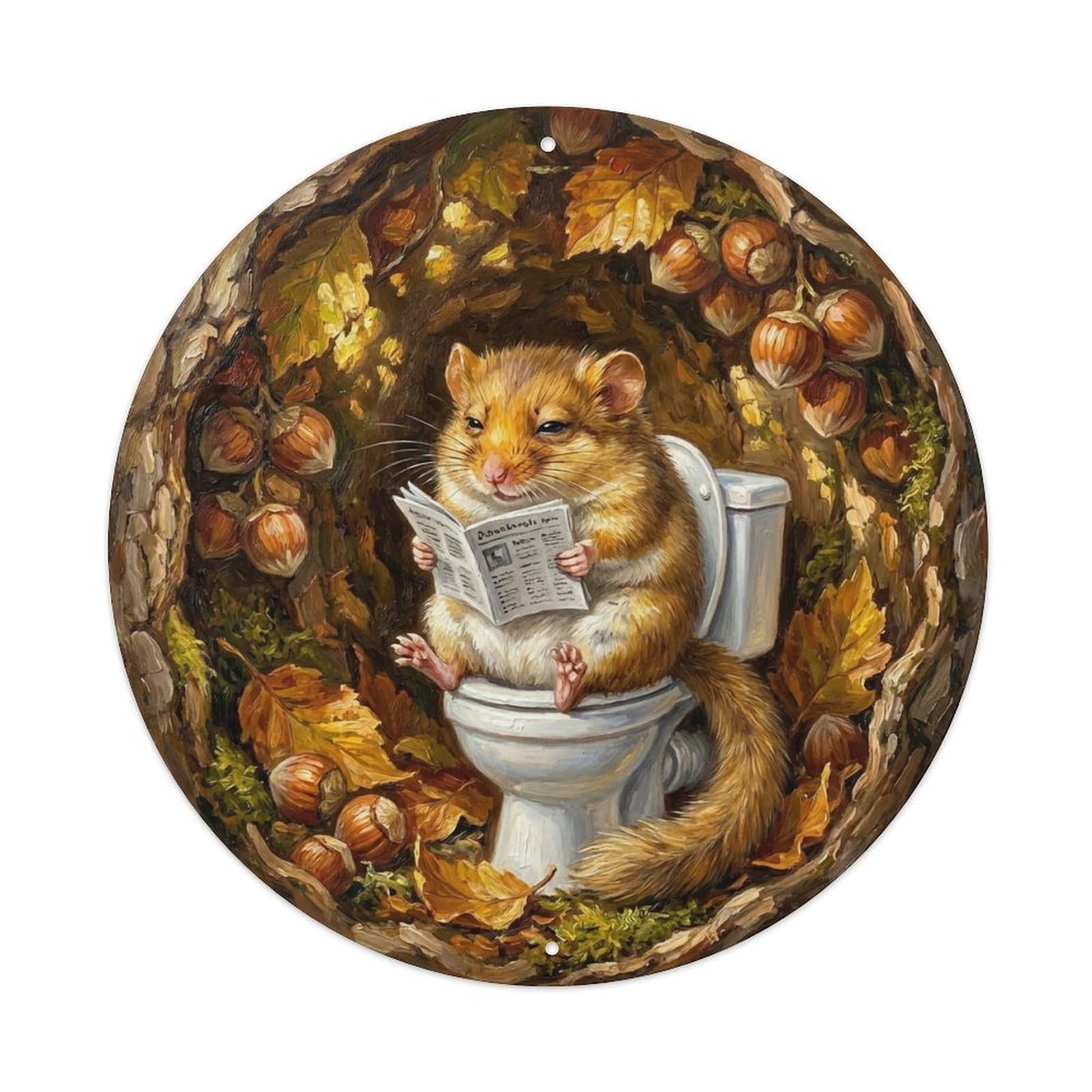 Dormouse On Toilet Humorous Bathroom Hazelnut Hollow Reads Metal Tin Sign