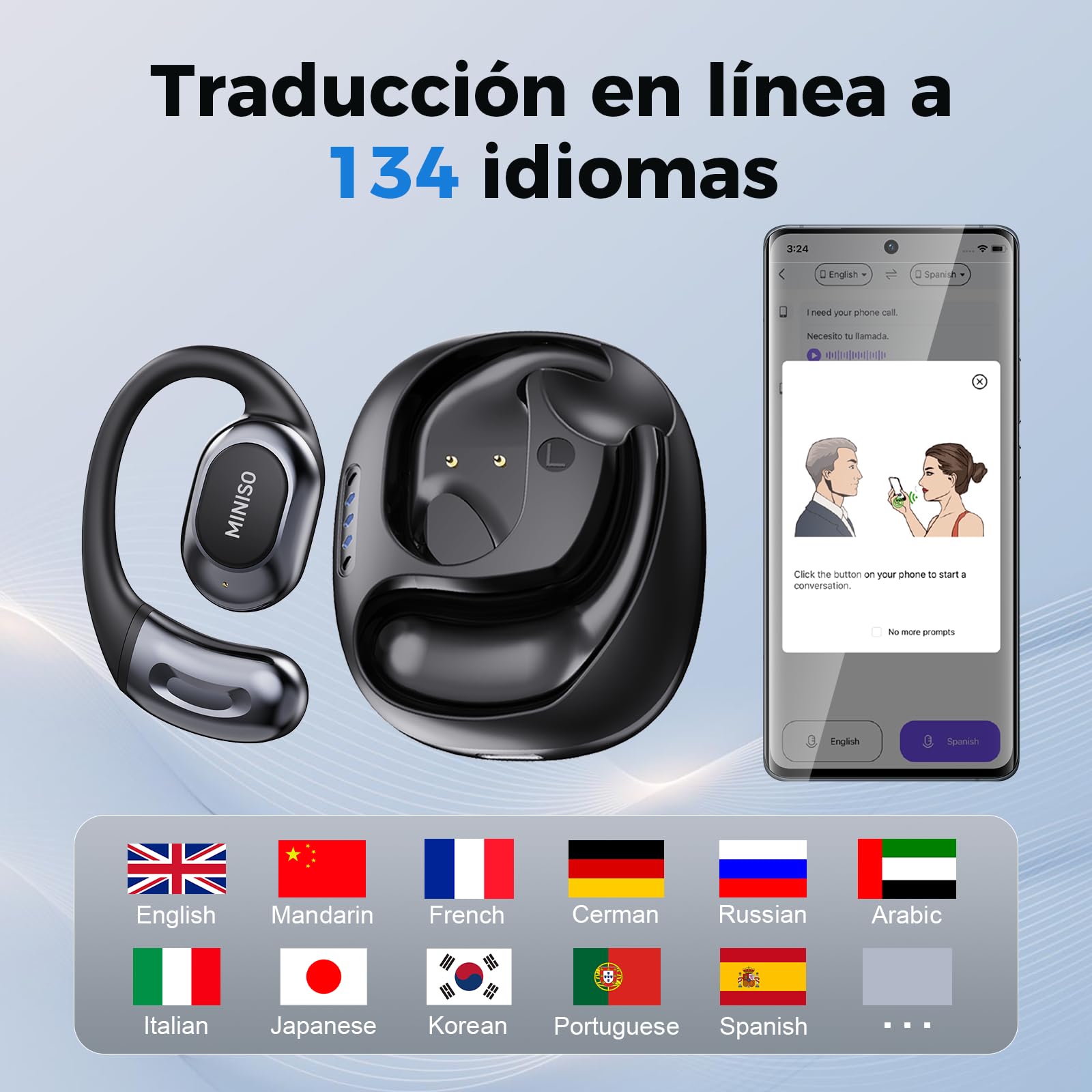 MINISO MS156 Auriculares con traducción por IA, 3 en 1, con traducción en Tiempo Real y función de traducción por IA, con Capacidad para 134 Idiomas, Ideales para Negocios, Viajes y Estudios