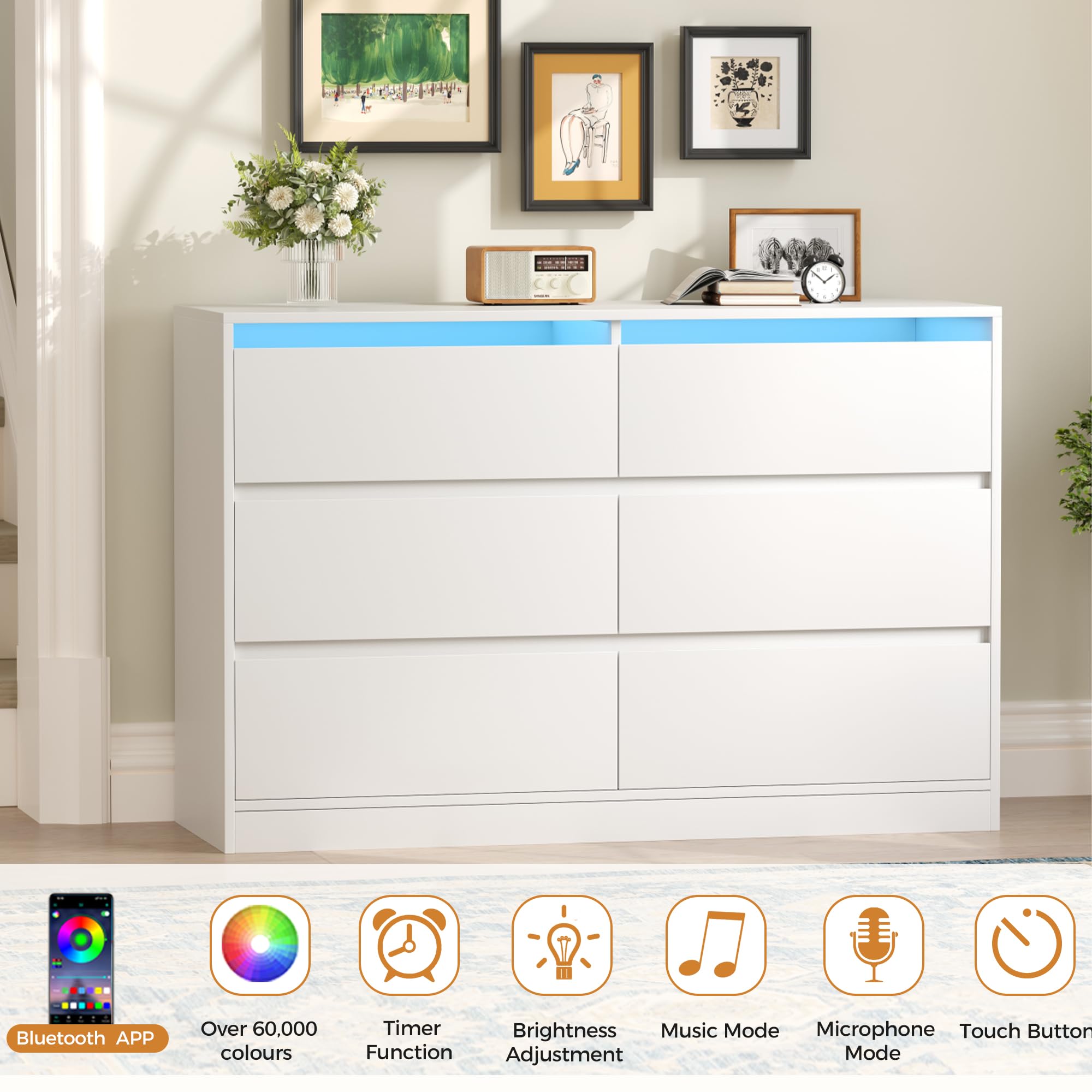 Blanche Commode Chambre à 6 tiroirs, Commode avec éclairage LED