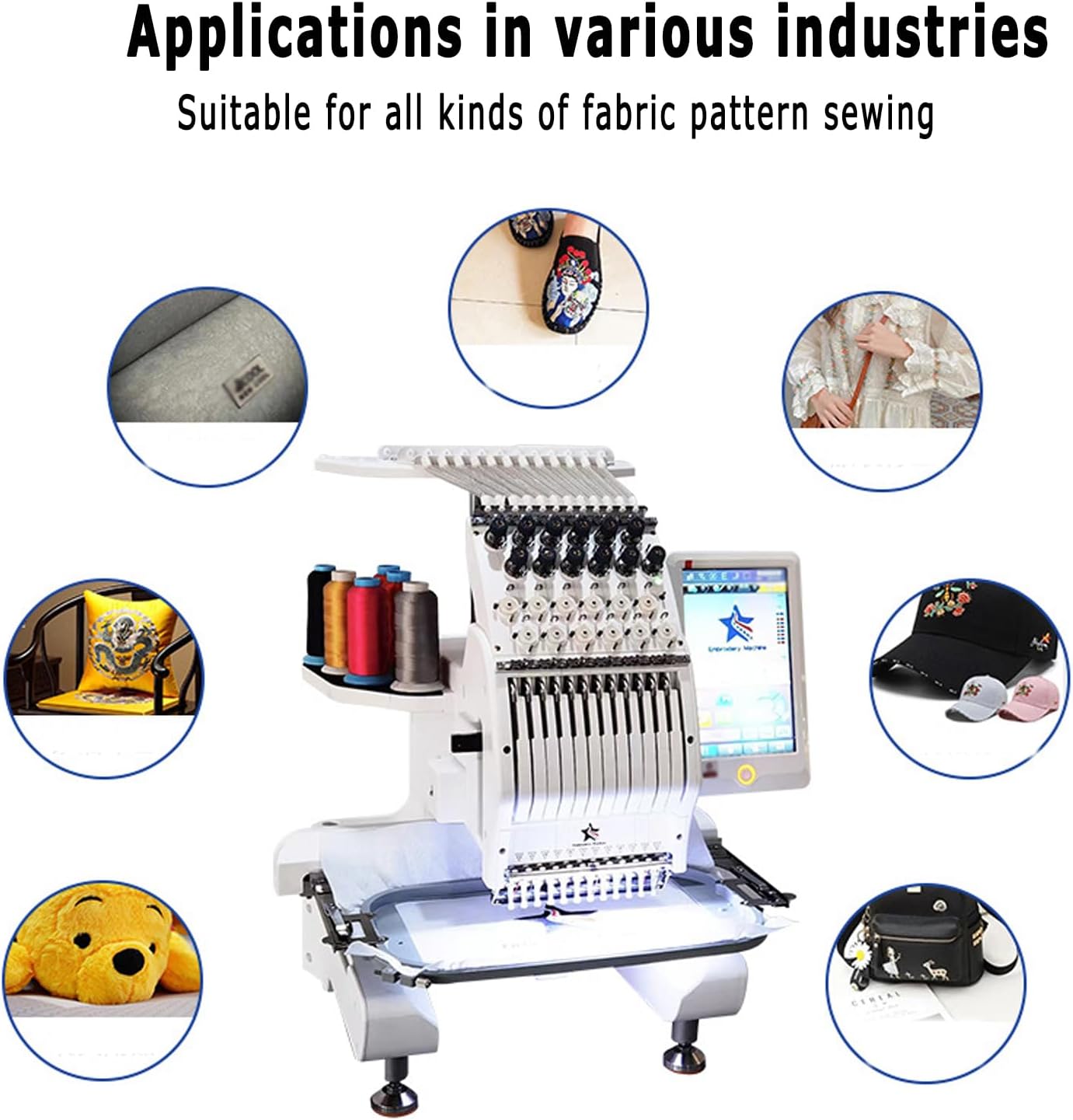 Commercial Embroidery Machine, 12 Needles Single Head Computerized Embroidery Machine with 20 * 30cm Large Embroidery Area, 1000 Rpm Speed, for Hats and Clothing Embroidery