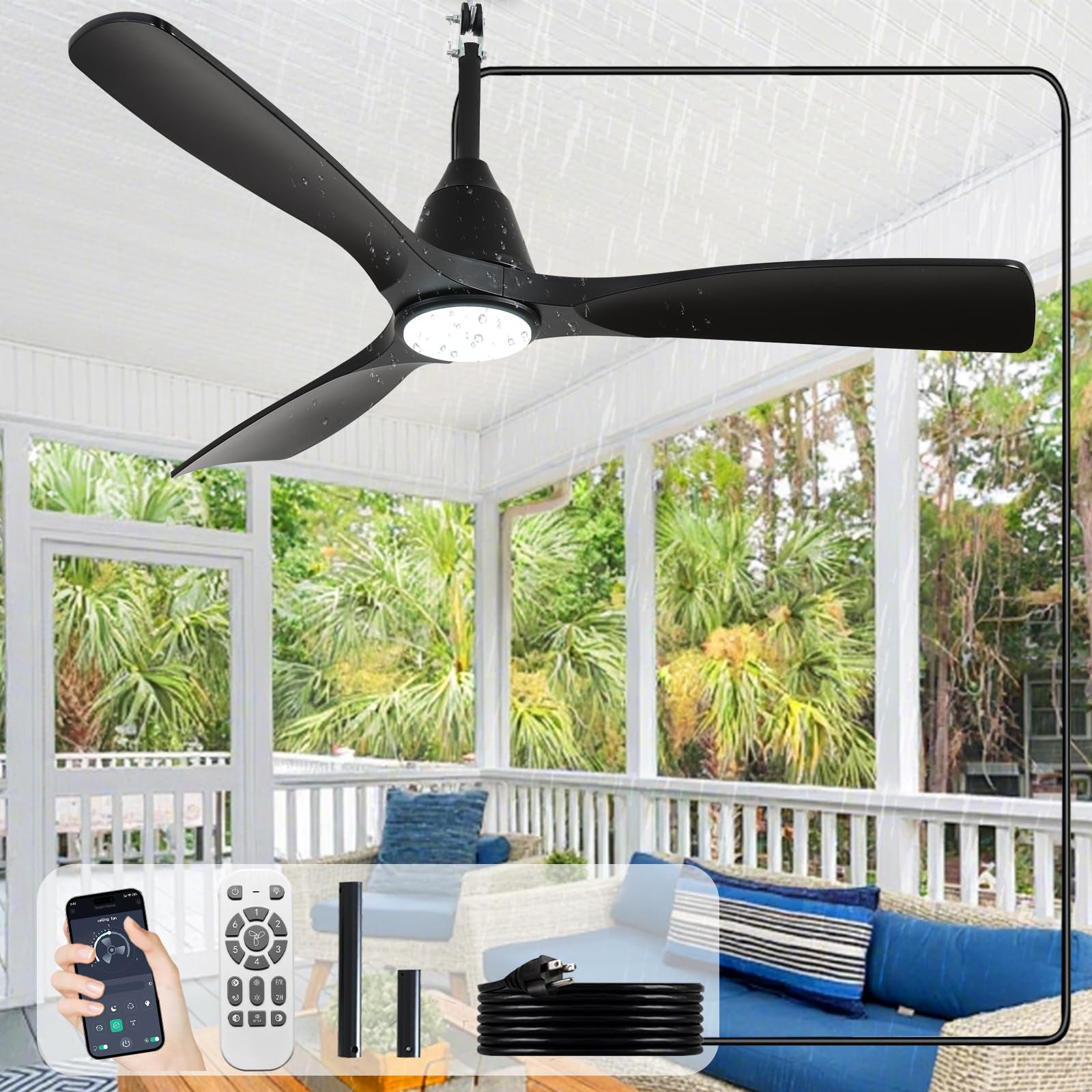 Depuley Outdoor Ceiling Fan with Lights: 42" Black Gazebo Fans Outdoor Hanging with Remote APP Control - Plug in Waterproof Fans with Light for Patio Porch Reversible Black Blades 3CCT 6 Speeds Timer