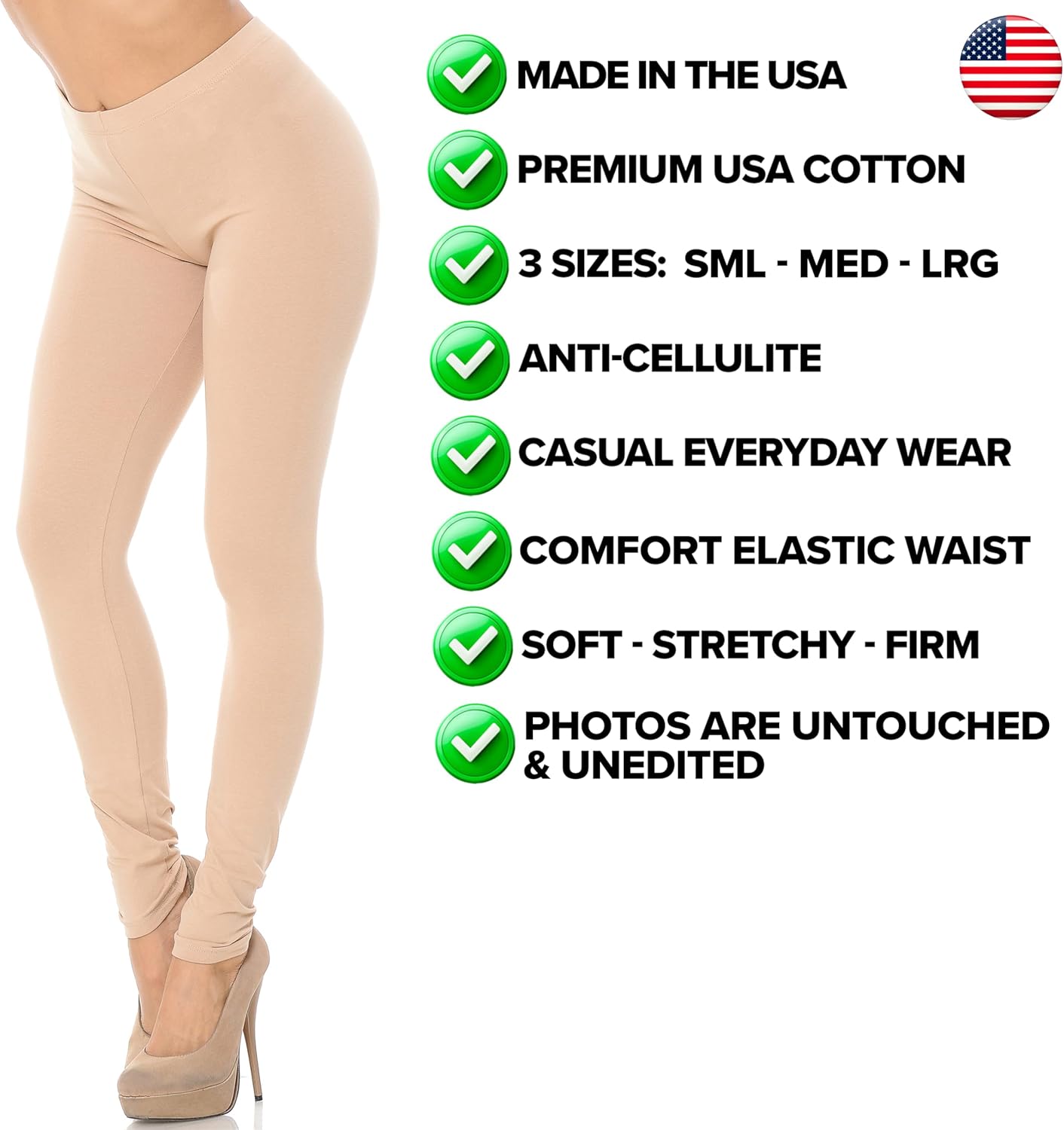 World of Leggings Made in The USA Women's Full Length Cotton Leggingss - No See Through, Opaque, Solid Basic Casual Fashion Legging - Beige M - Image 3