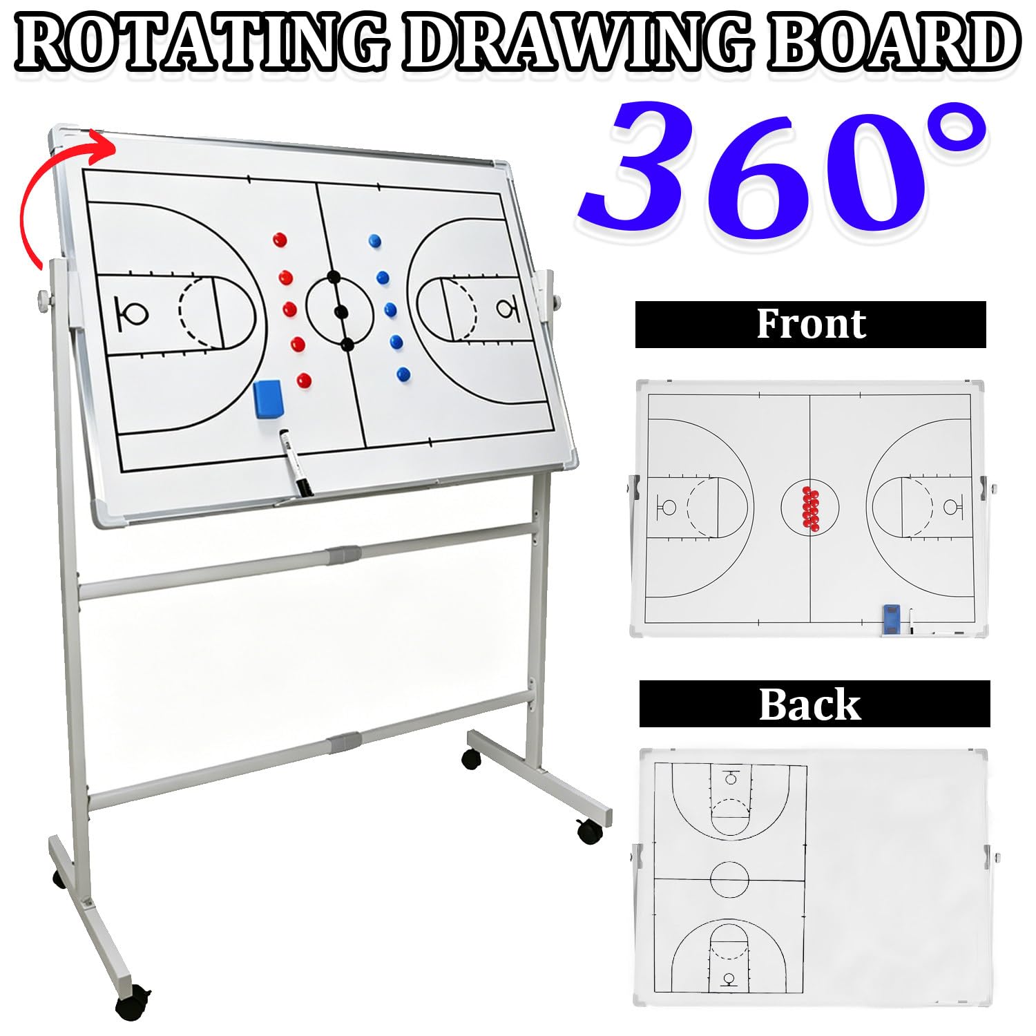 Mobilna tablica szkoleniowa na kółkach, dwustronna tablica trenerska z diagramem boiska, metalowy stojak z regulacją wysokości, kółka jezdne, akcesoria magnetyczne Basketball