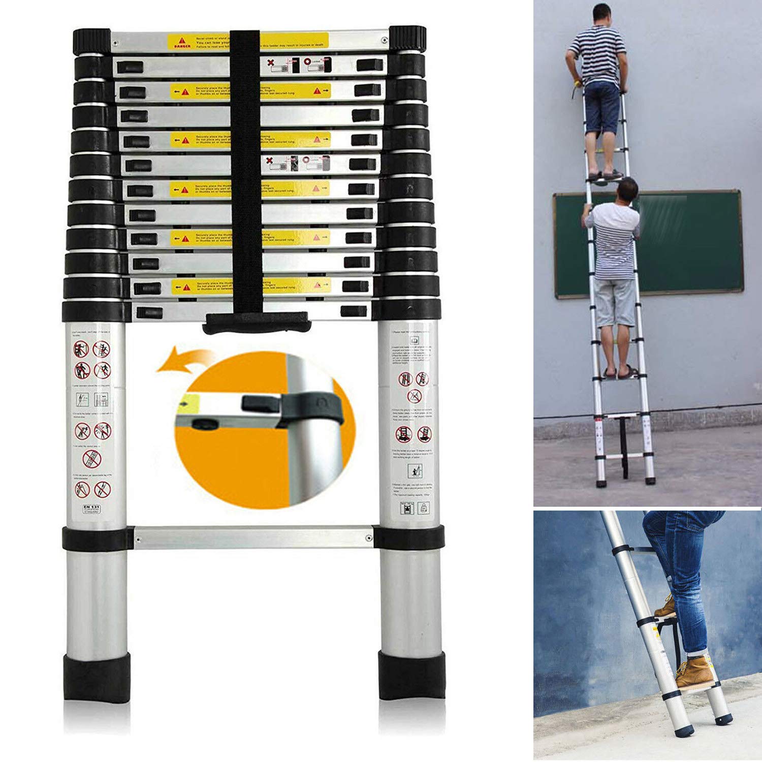 12.5ft Aluminum Telescoping Ladder, Multi-Purpose Telescopic Extension Ladder 12 Step for Industrial Household Daily or Emergency Use, 330 lb Large Loading Capacity EN131