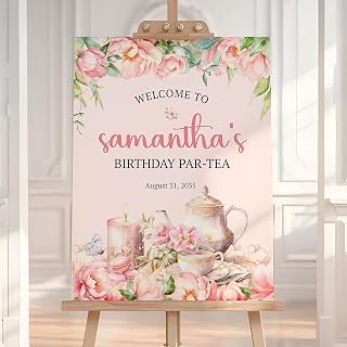 Personalized Floral Tea Party Welcome Sign for Birthday, Pink Flower Teapot Party Poster, Afternoon High Tea Celebration Decor, Girl’s Custom Birthday Sign, Any Age Elegant Tea-Party Banner