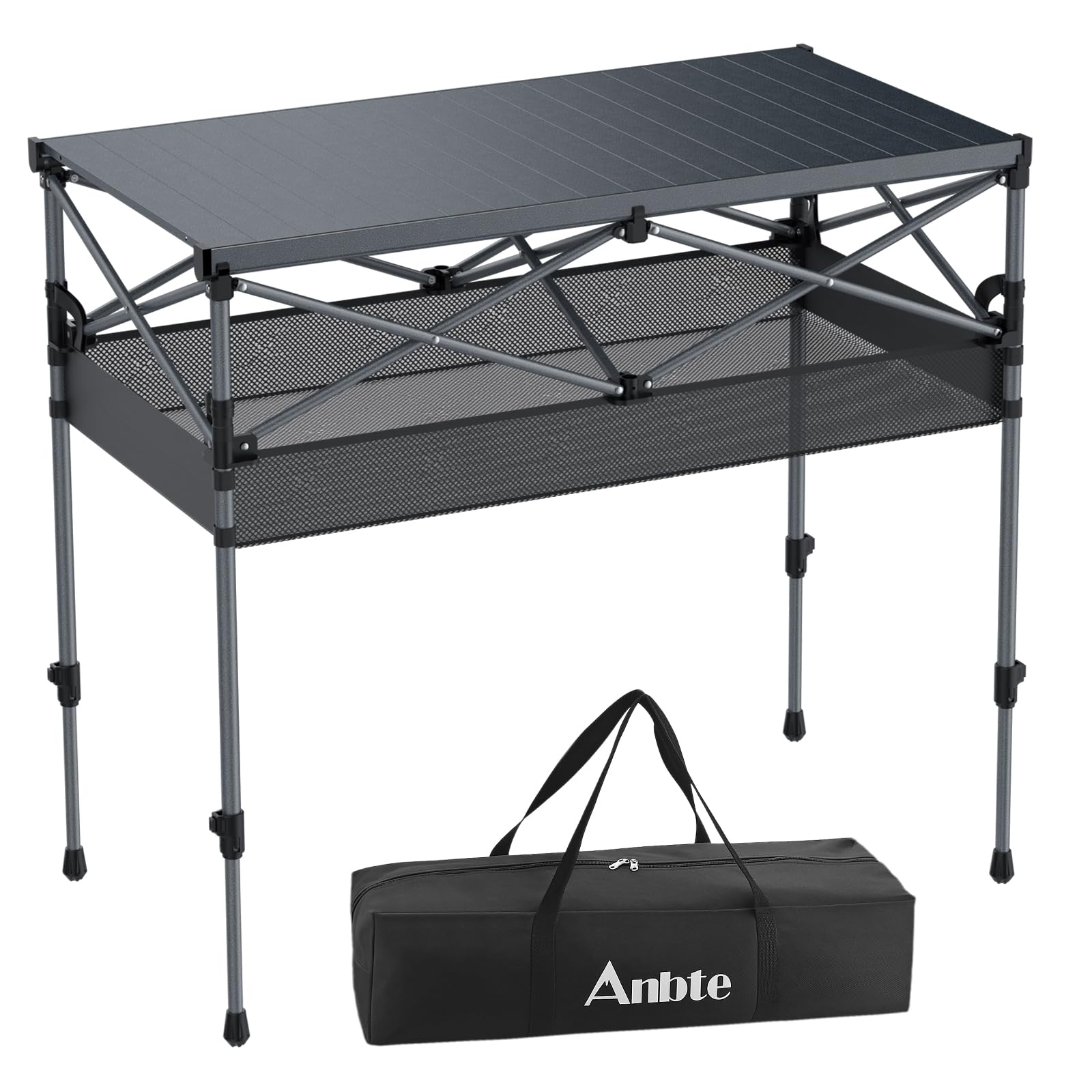 Anbte Camping Table Foldable, 2 Adjustable Height 34.2”, Large Roll Up Camping Table Support 264lbs with Storage Basket and Bag, Aluminum Outdoor Table, for Picnic Travel Bbq, 39.4” x 19.7”, Black — image 1