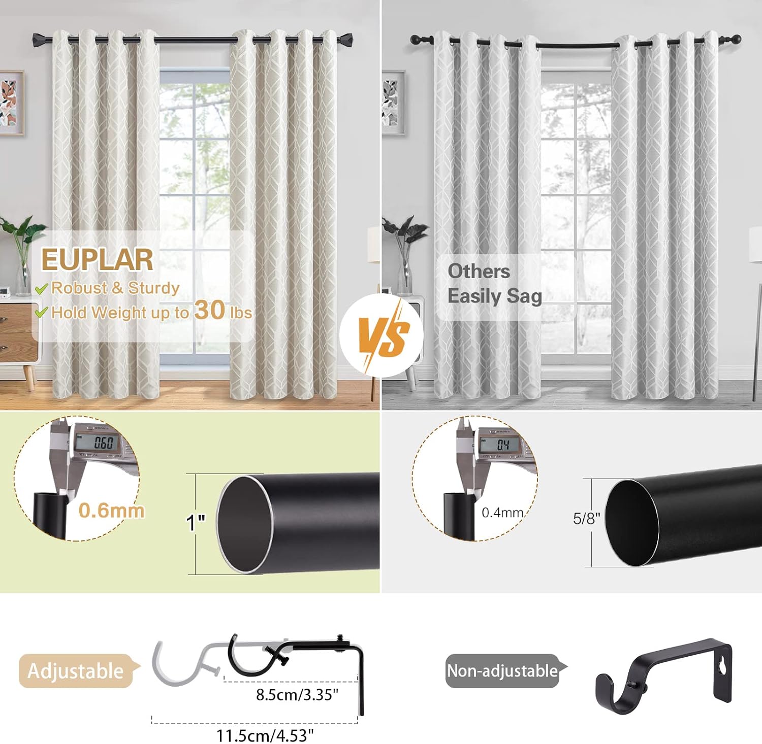 Black Curtain Rod- EUPLAR 1 Inch Window Curtain Rod 72 to 144 Inch Adjustable with Diamond End Finials, Telescoping Metal Single Drapery Rods