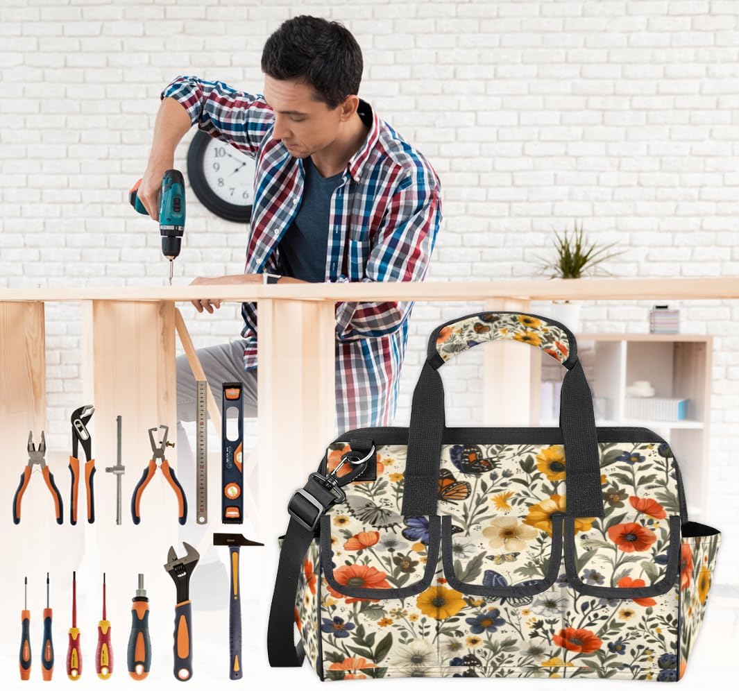Wildflower Butterfly Pattern Heavy Duty Tool Bag 14.8 Inch for Men, Wide Mouth Garden Tool Storage Bag with Adjustable Shoulder Strap, 14 Pockets Tool Bag Organizer for Construction, Gardening