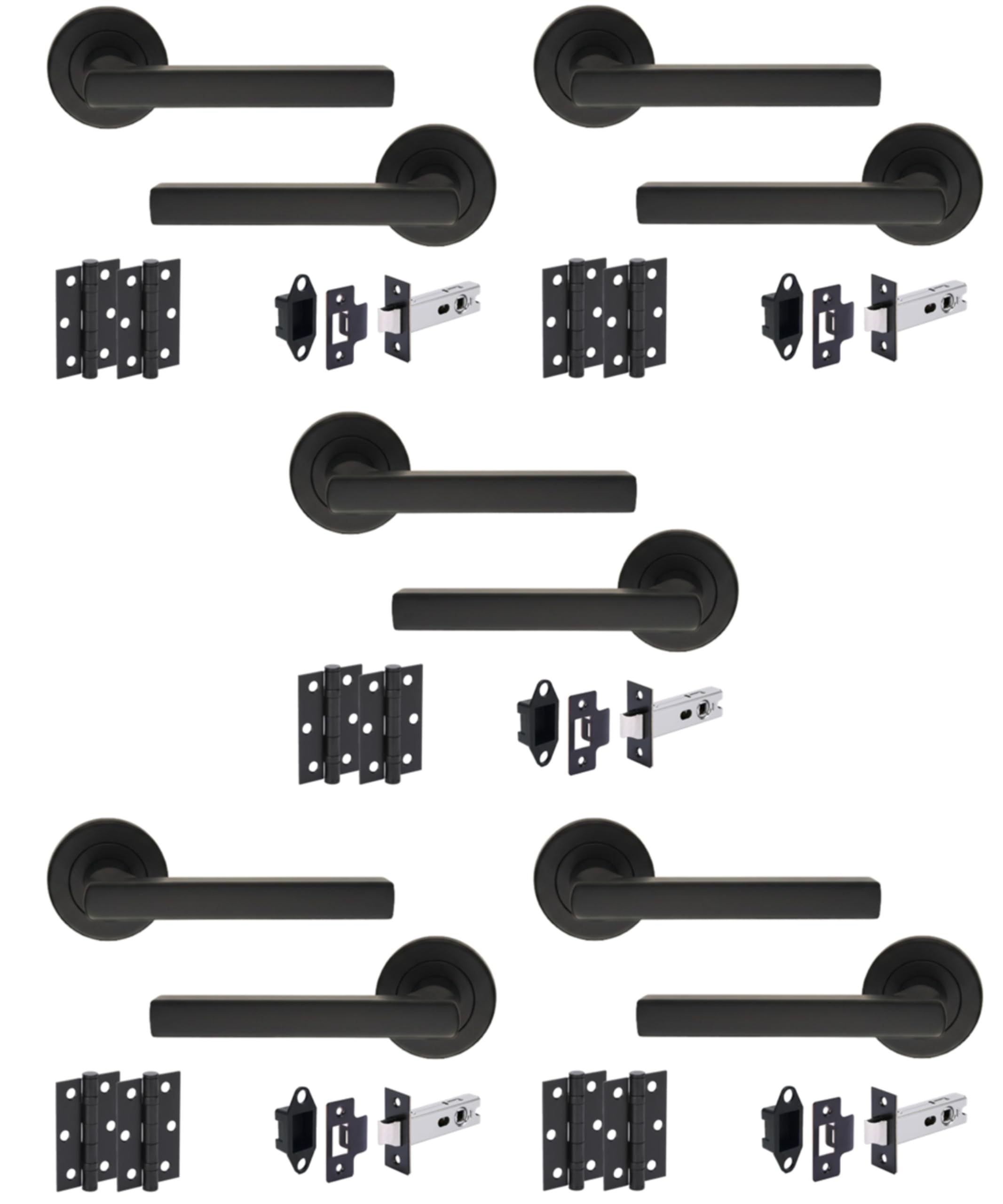 Hunta HANDLEZONE® Torro Matt Black Internal Door Handle Pack - 5 Pack - Lever on Rose Set - 76mm Tubular Latch (57mm Backset) & 2 Ball Bearing Hinges - Passage for Internal Wooden Doors