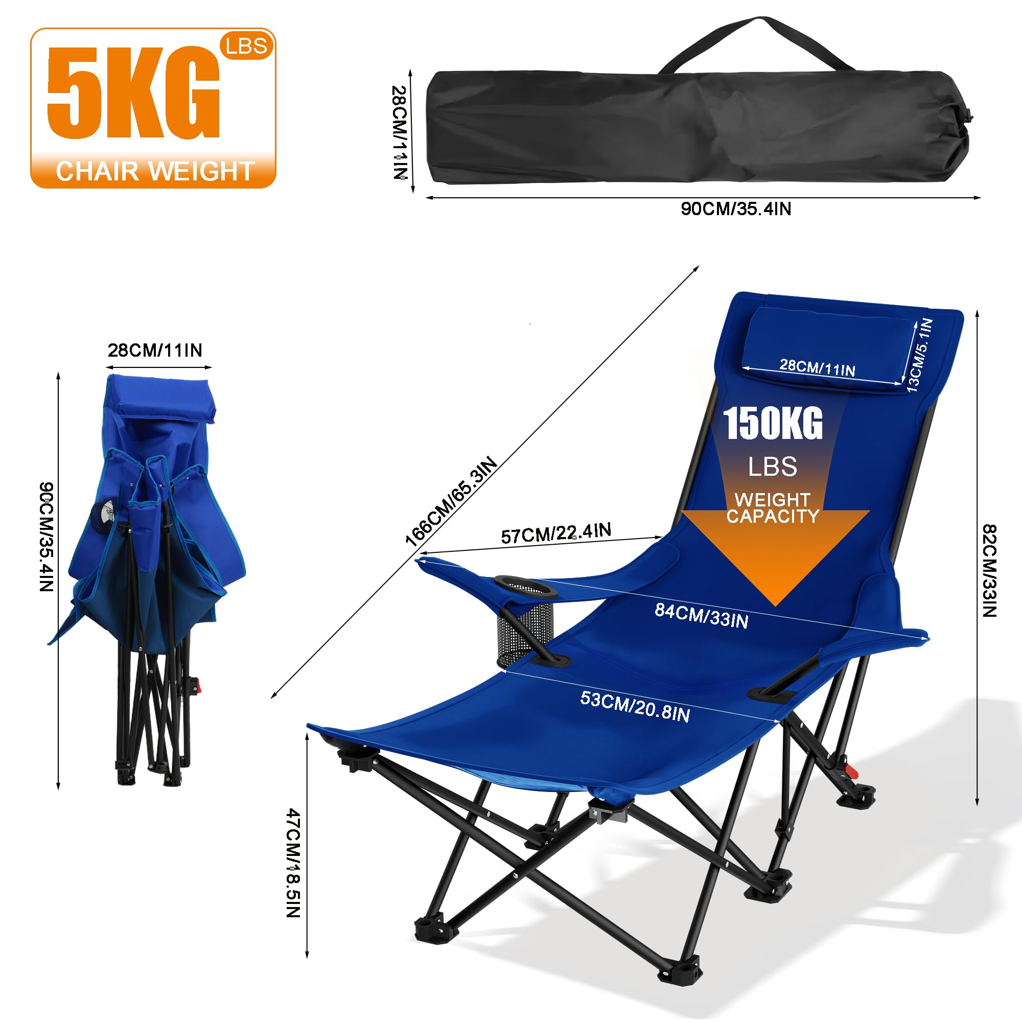Krzesło kempingowe, składane, 4 regulowane kąty, krzesło plażowe, krzesło kempingowe, lekkie krzesło wędkarskie, składane, wysokie oparcie z torbą do przenoszenia, krzesło ogrodowe do