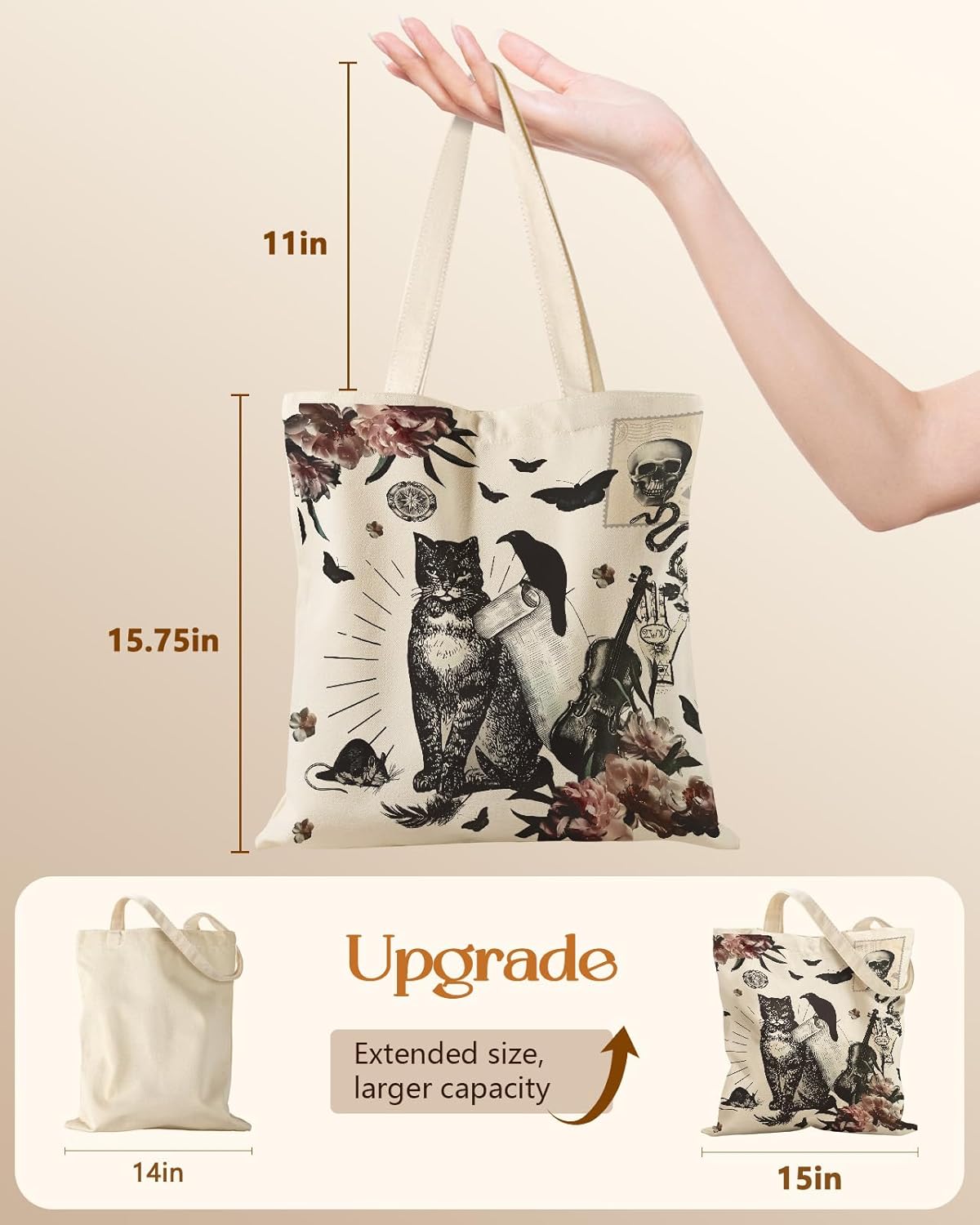 Canvas Tote Bag for Women – Aesthetic Canvas Bag with Zipper Cute Stylish Reusable Shoulder Totes for Shopping Work Daily Vacation, Crow Cat - Image 2