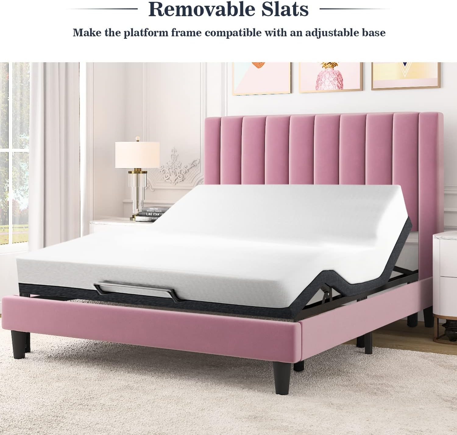 Bed frame with an adjustable mattress base inserted, showing removable slats feature