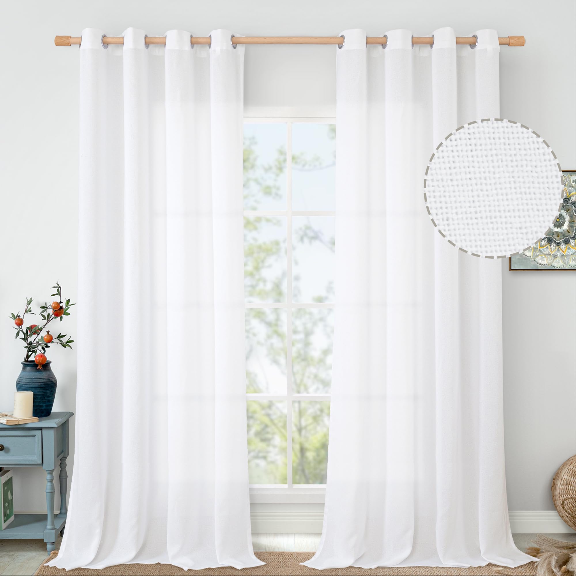 QUEMAS Long Linen Curtains for Living Room 90 Inch Length 2 Panels Set, Light Filtering Burlap Window Curtains for Bedroom Privacy, Grommet Farmhouse Semi Sheer Drapes, Each 52 Inch Wide, White — image 1