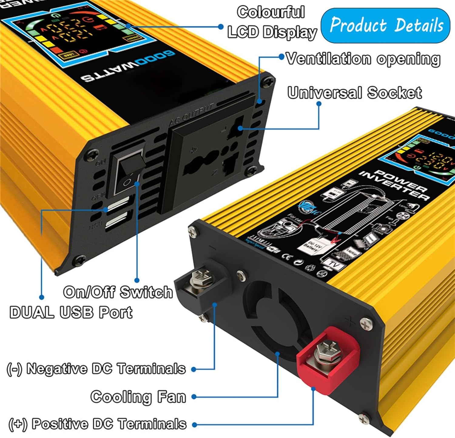 6000W Solar Generator Kit - Portable Off-Grid Power System with 12V to 110V/220V Inverter, 75W Foldable Solar Panel, Dual USB & 4 USB Ports, 50A Controller for Home & Outdoor (Yellow)