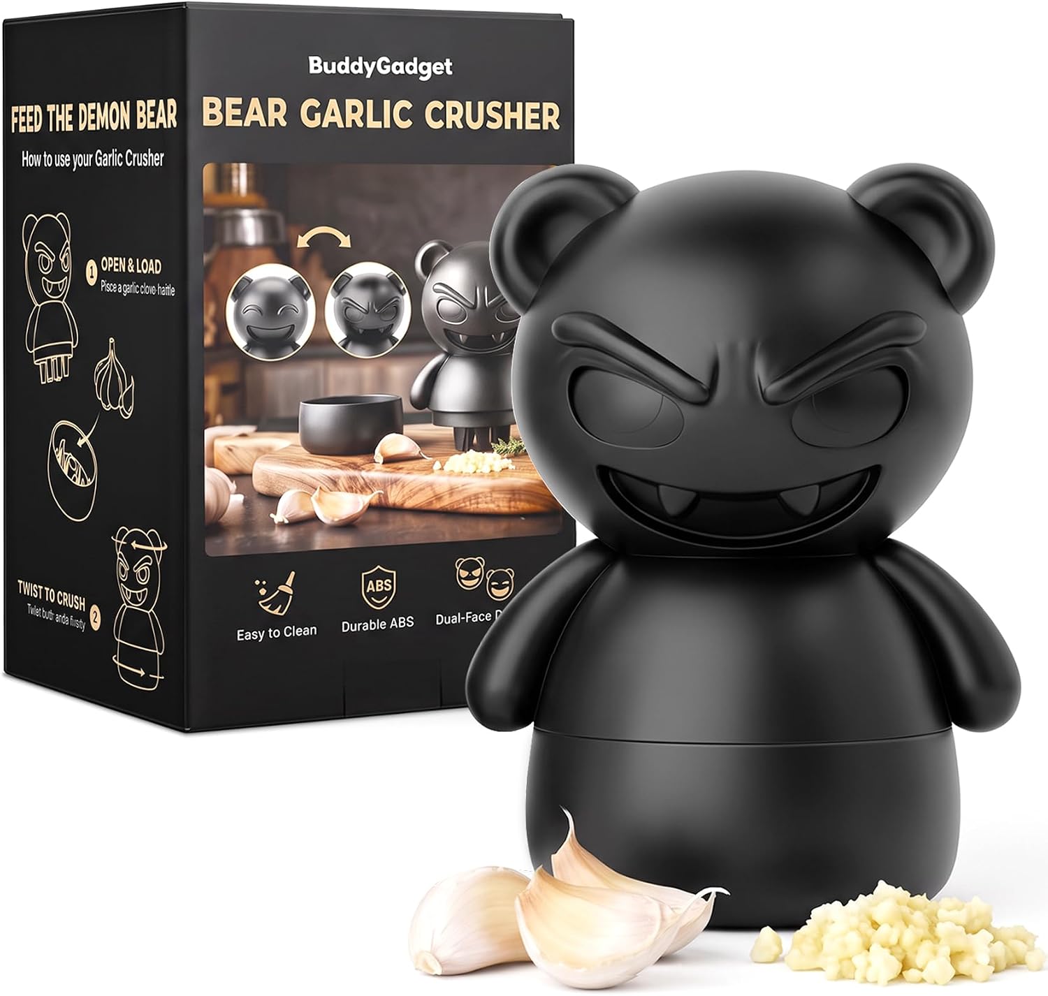 Demon Bear Garlic Crusher, Goth Halloween Rotary Mincer for 1-3 Cloves