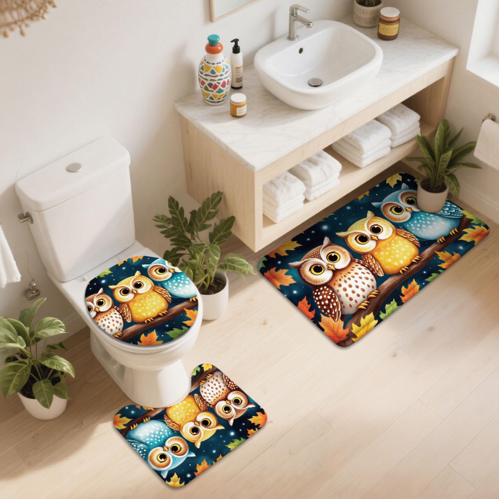 peacoblue 3-teiliges Badvorleger Set,Eule für Badezimmer Zuhause