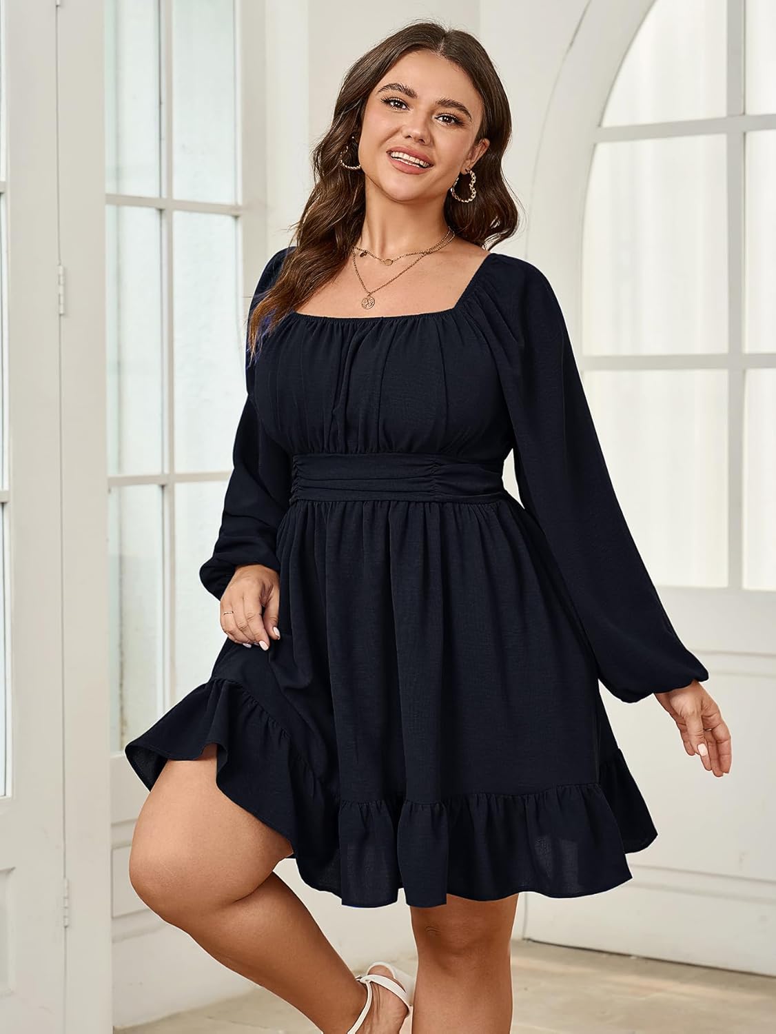 Womens Plus Size Dress Long Lantern Sleeve Square Neck Elastic Waist A-Line Mini Short Dress - Image 3