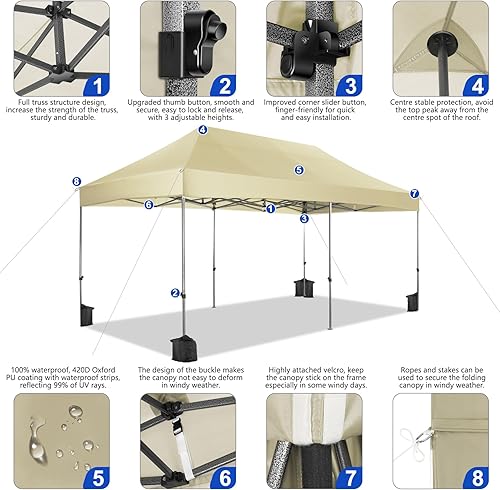 Miniatura 2 de Tooluck Toldo desplegable resistente de 10 x 20 pulgadas, altura ajustable, toldo comercial fácil de instalar, UPF 50+, impermeable, al aire libre,