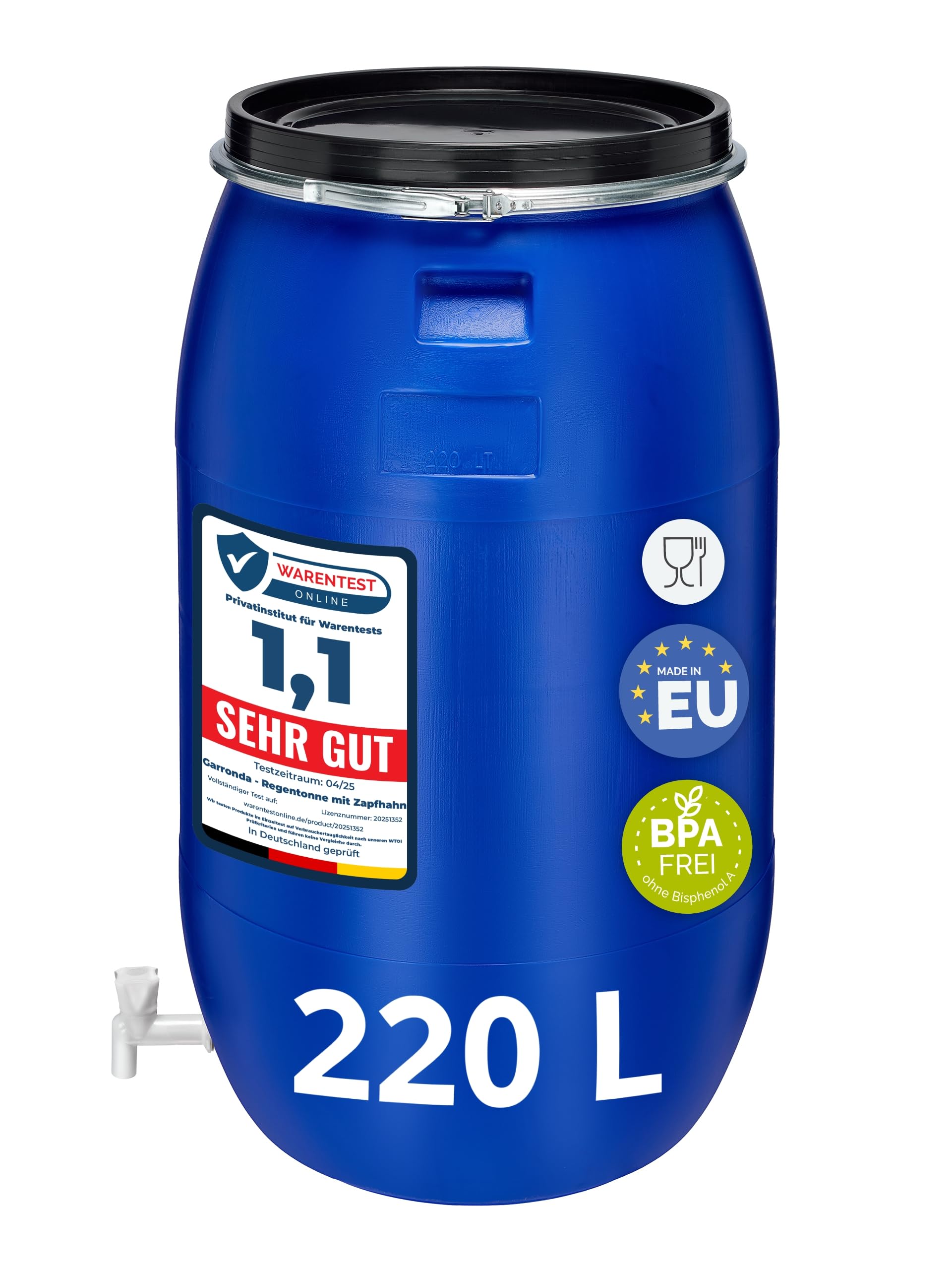 Garronda Réservoir Eau 220 litres en HDPE Alimentaire avec Couvercle – Jerrican pour Jardin et Eau de Pluie GD-0091
