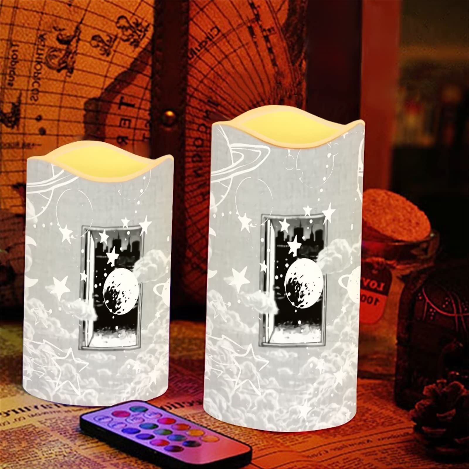 Moon and Start - Candele senza fiamma, con pilastri in vera cera a LED e telecomando a 18 tasti, alimentato a batteria, con timer, confezione da 4