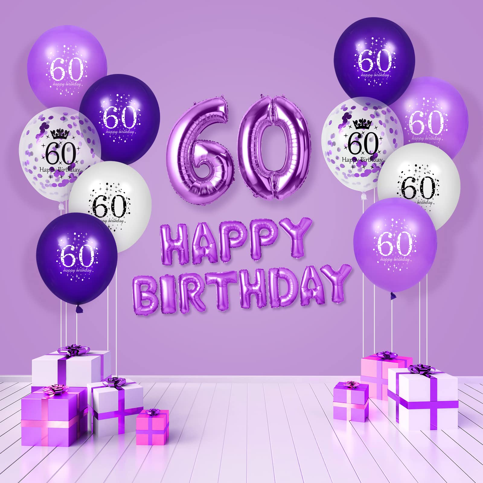Rumia 60th Purple Birthday Balloons Decorations, 16 PCS Purple White Confetti Latex Balloons For Women Men Happy Birthday Party Wedding Anniversary Indoor Outdoor Party Supplies,12 Inch (60th