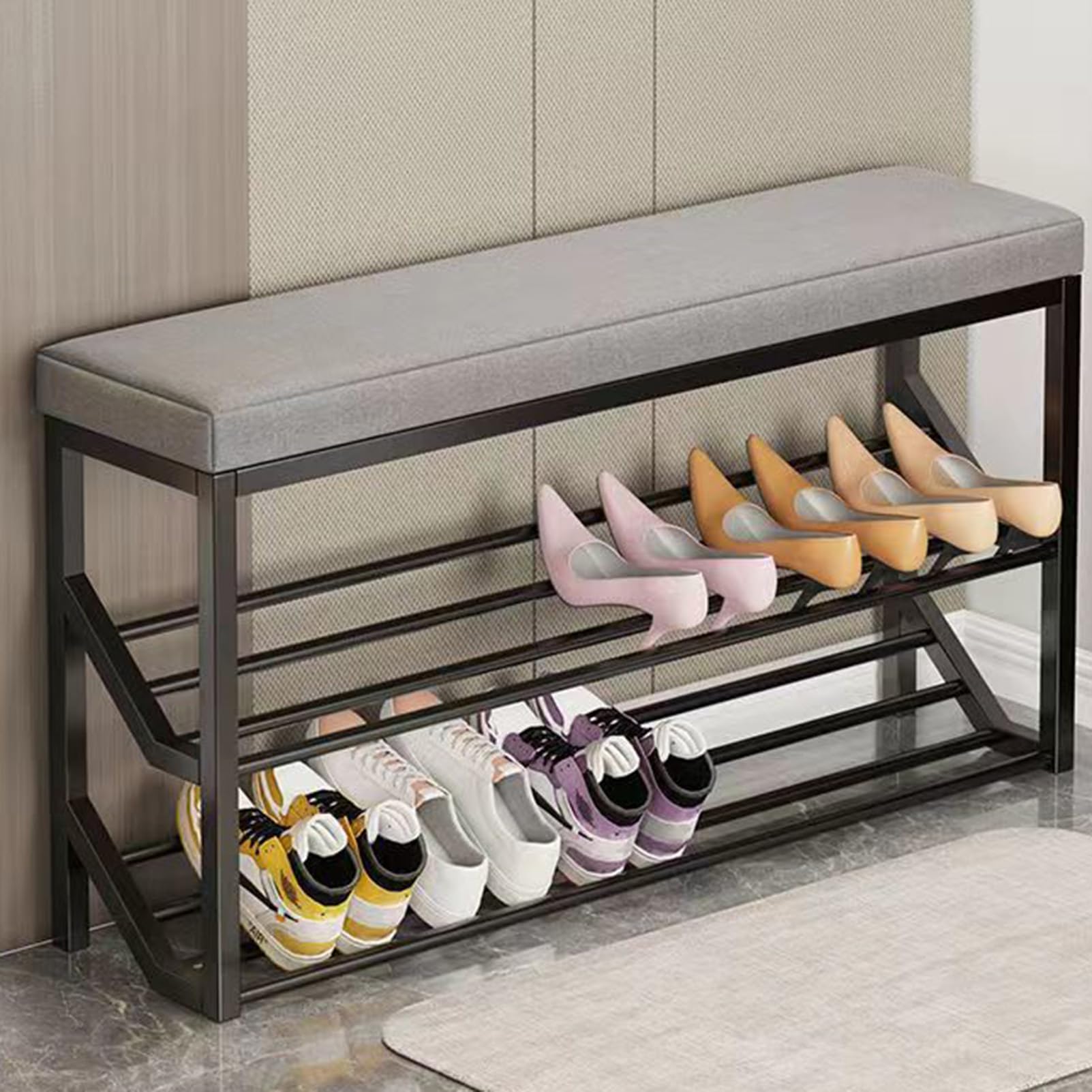 Banc à chaussures avec rangement et assise rembourrée pour meuble d'entrée compact