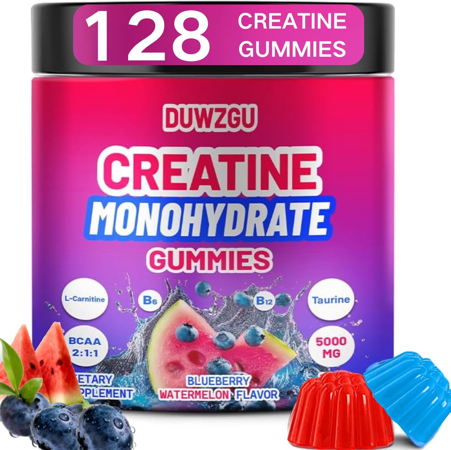 Creatine Monohydrate Gummies 5000mg for Men & Women, Chewables Creatine Monohydrate for Muscle Strength, Muscle Builder, Energy Boost, Pre-Workout Supplement Blueberry & Watermelon Flavor– 128 Gummies