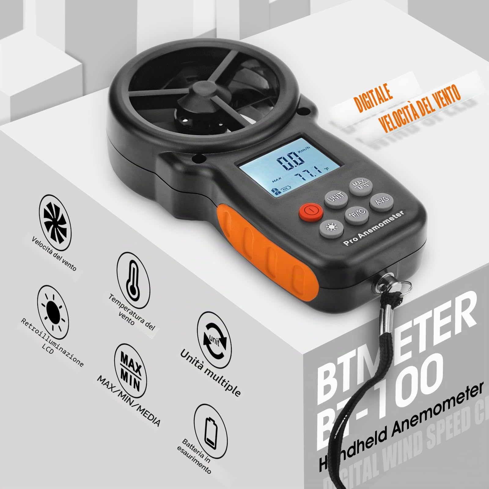BTMETER BT-100 Anemometro Portatile, Misuratore di Velocità del Vento Digitale CFM del Flusso D'aria per Drone di Ripresa HVAC, Vento Freddo, Temperatura del Vento 14℉-113℉
