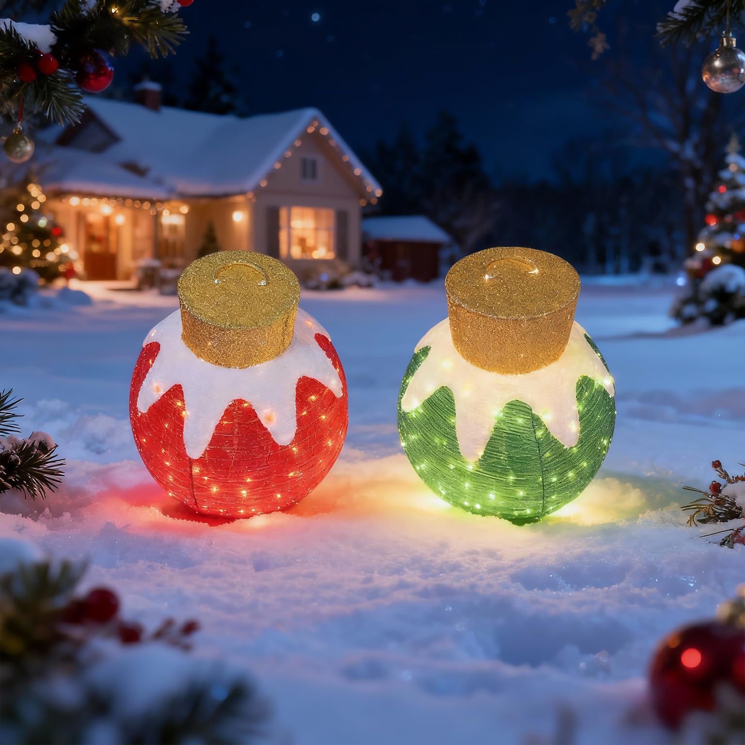2PC Lighted Pop-Up Outdoor Christmas Ornament Set, Holiday Ball Decoration, 160 LED Lights, 8 Light Functions - Red/Green