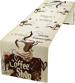 Vintage Coffee Theme Table Runner Happy Coffee Time Seasonal Dinner Runner Table Decoration for Farmhouse Cabin Home Kitchen Dining Holiday Party 13x36in