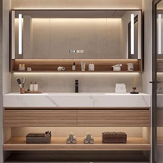 Wood Bathroom Vanity Set - 54IN LED Defogging Mirror | Wall Mounted Bathroom Vanity with Sink Include 2 Drawers, Open Storage & Mirror Cabinet Storage