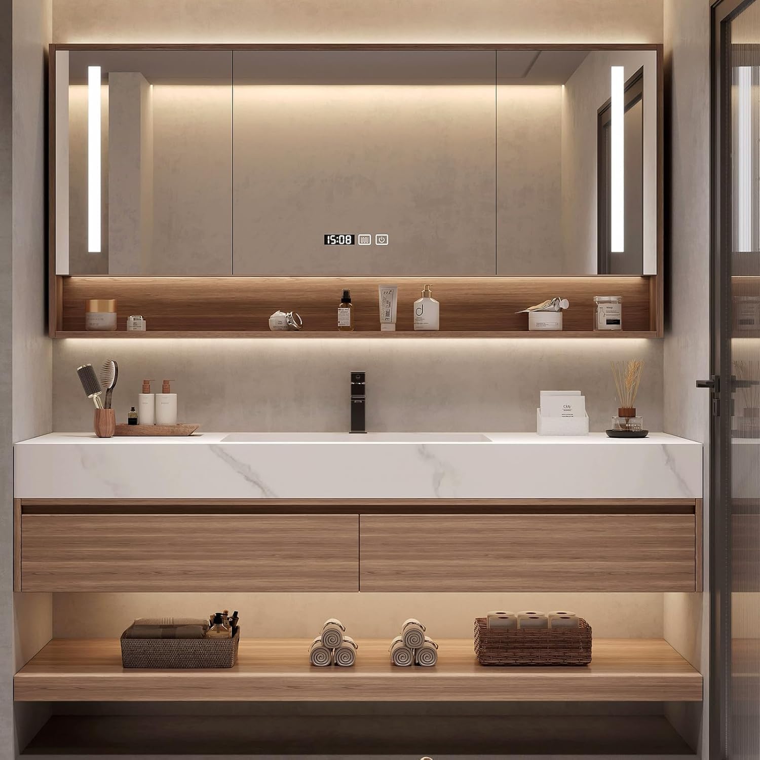 Wood Bathroom Vanity Set - 54IN LED Defogging Mirror | Wall Mounted Bathroom Vanity with Sink Include 2 Drawers, Open Storage & Mirror Cabinet Storage