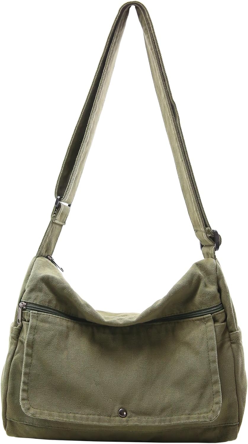 Canvas Messenger Bag for Women Hobo Crossbody Shoulder Bag Vintage Satchel Tote Handbag with Multiple Pockets