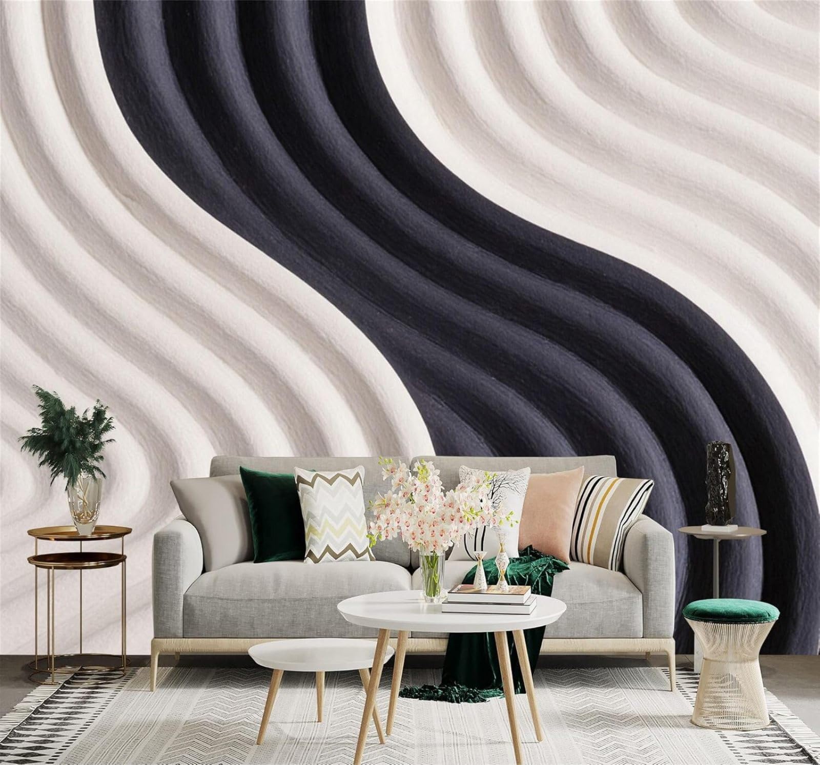XLMING Abstract Minimalist Black and White Waves Pattern Texture 3D Wallpaper Silky Texture Home Study Office Grey Dining Room Sofa Bedroom Living Room TV Backdrop-350cm×256cm