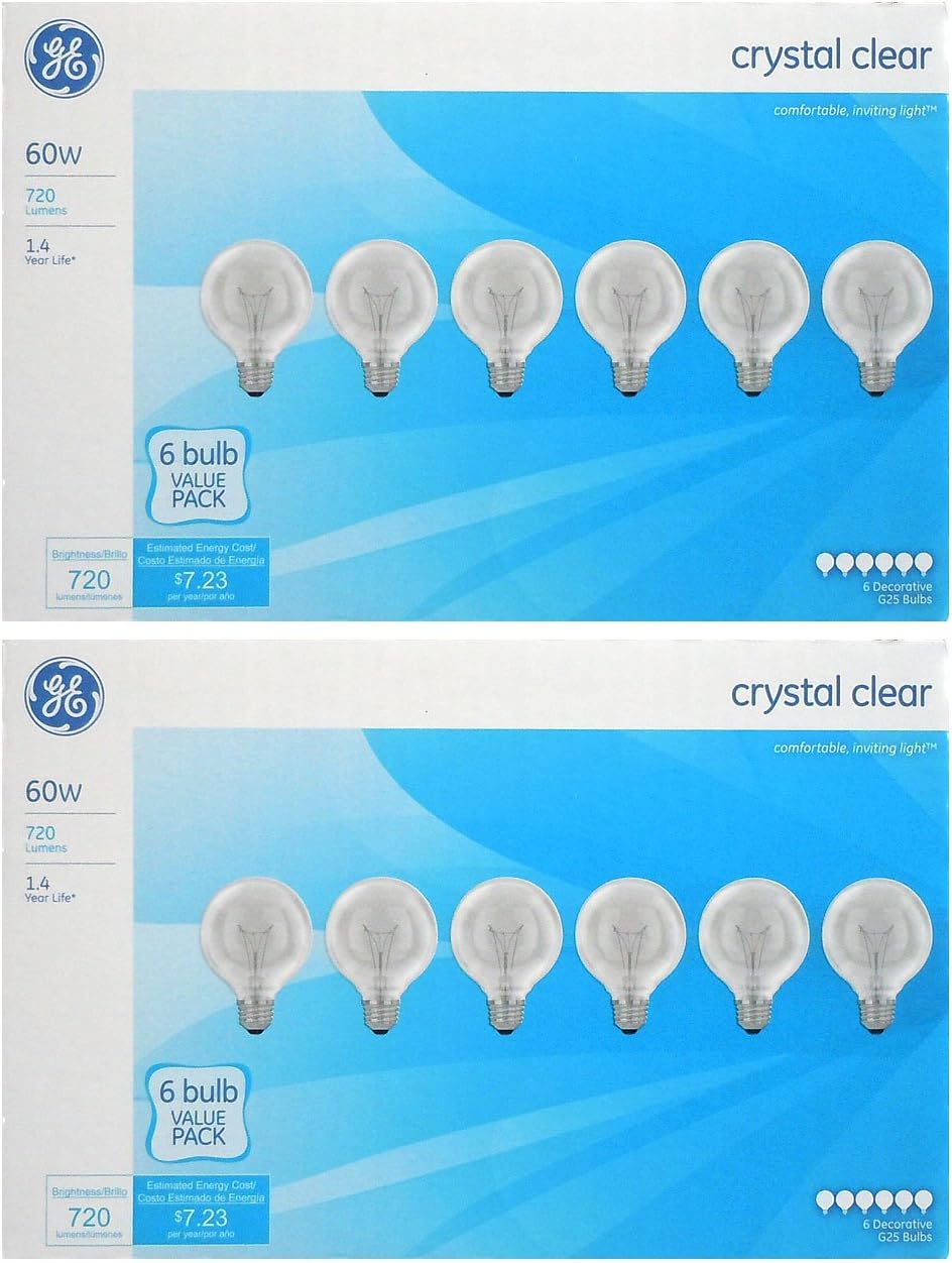 GE 64509 60 Watt, G25 Decorative Globe Light Bulb, Crystal Clear, Pack of 12