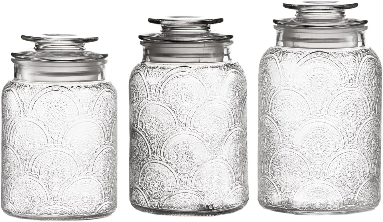 Style Setter Canister Set 3-Piece Glass Jars in 34oz, 44oz & 54oz Retro Design Lids for Cookies, Candy, Coffee, Flour, Sugar, Rice, Pasta, Cereal & More