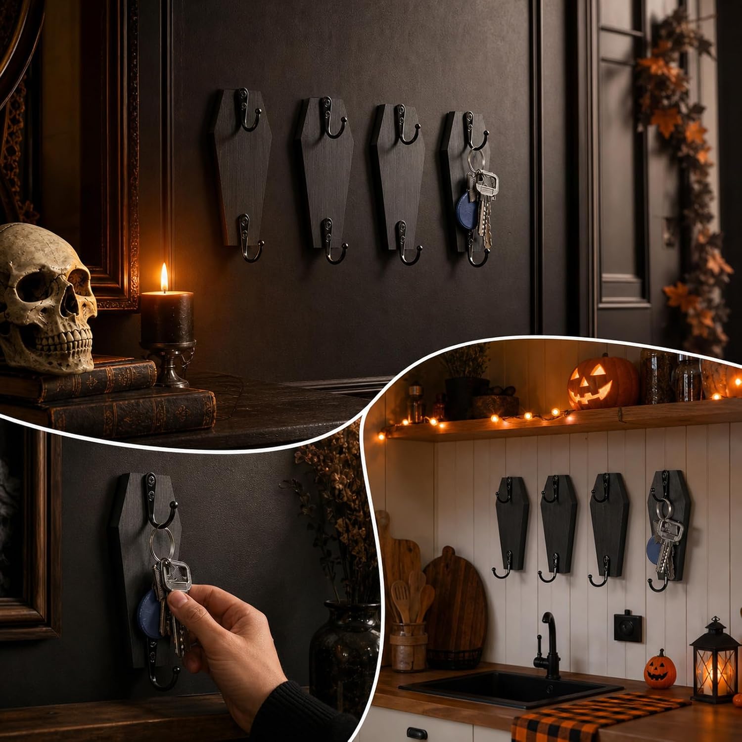 4 Pack Goth Wooden Wall Mount Key Holder, Black Coffin Shape Hooks, Halloween Decor for Entryway Kitchen, for Adults Teens Goth Fans