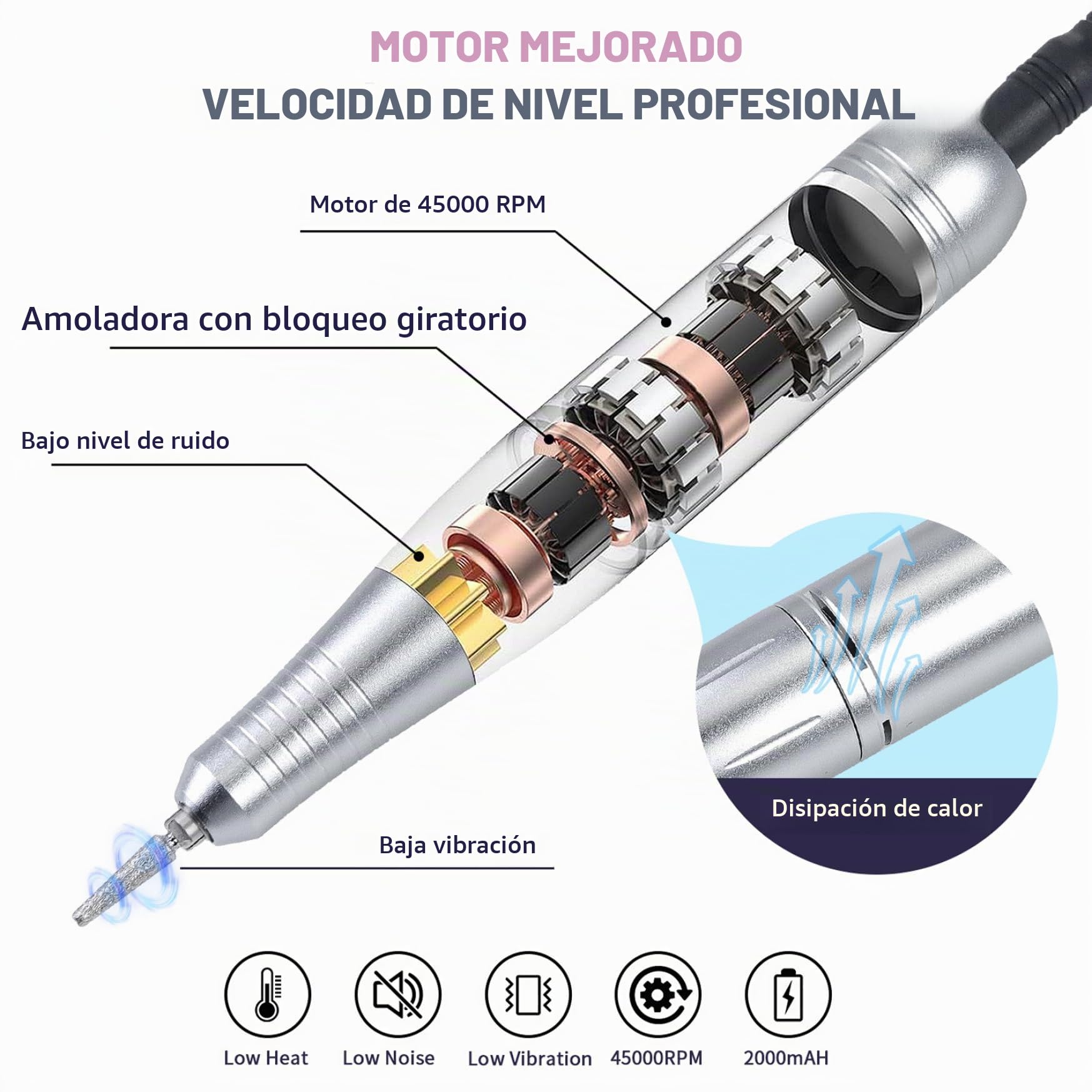 Taladro de uñas recargable, manicura eléctrica de 45000 rpm con máquina de archivos de pantalla LCD para manicuras de uñas de geles acrílicos.