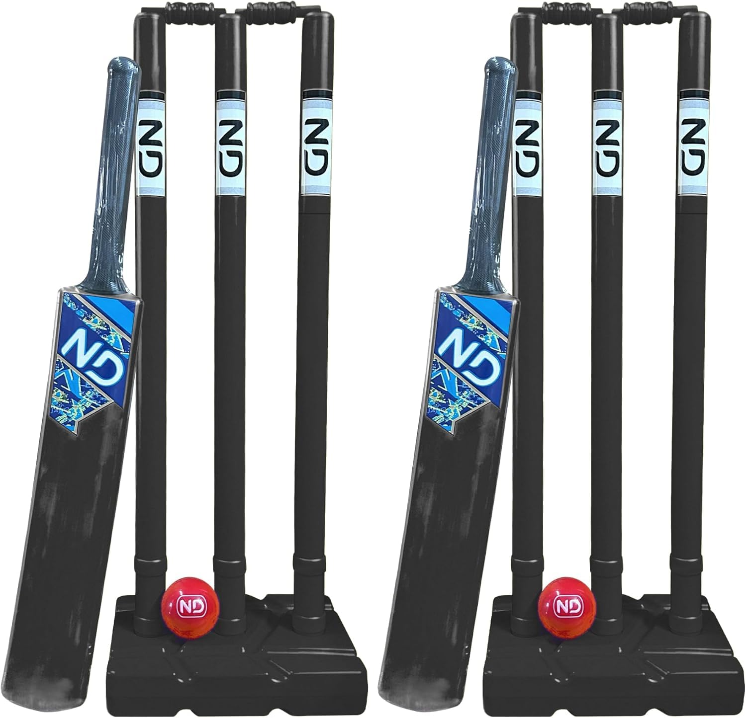 ND Sports Cricket Set – Plastic Stumps, Bat & Ball | Lightweight, Durable & Portable | For Kids & Adults | Indoor & Outdoor Play | With Mesh Handy Carry Bag (Black, Junior (Size 5) - Pack 2)