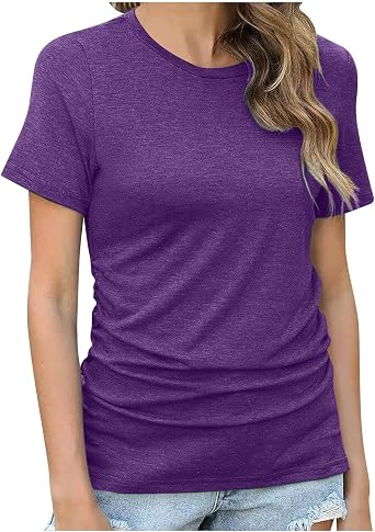 Lastesso Summer Tops for Women Casual Solid Loose Tunics Blouses Crewneck Short Sleeve Pullover Tops Breathable Summer Shirts