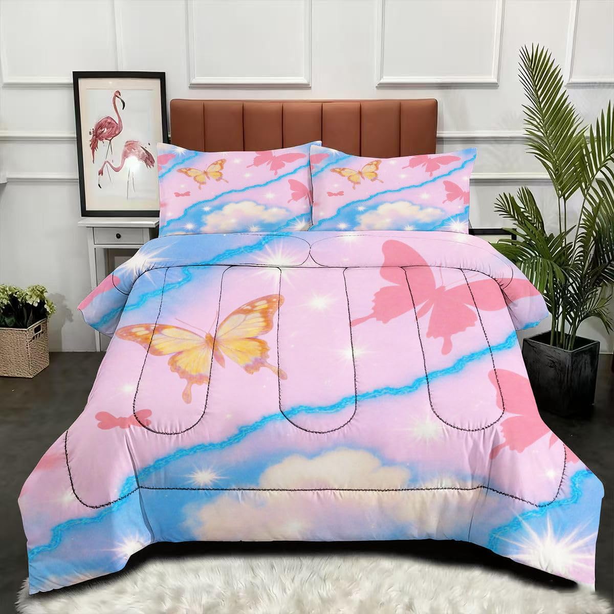 Couette 200 x 200 motif papillon en microfibre douce avec ses 2 taies d'oreiller assorties