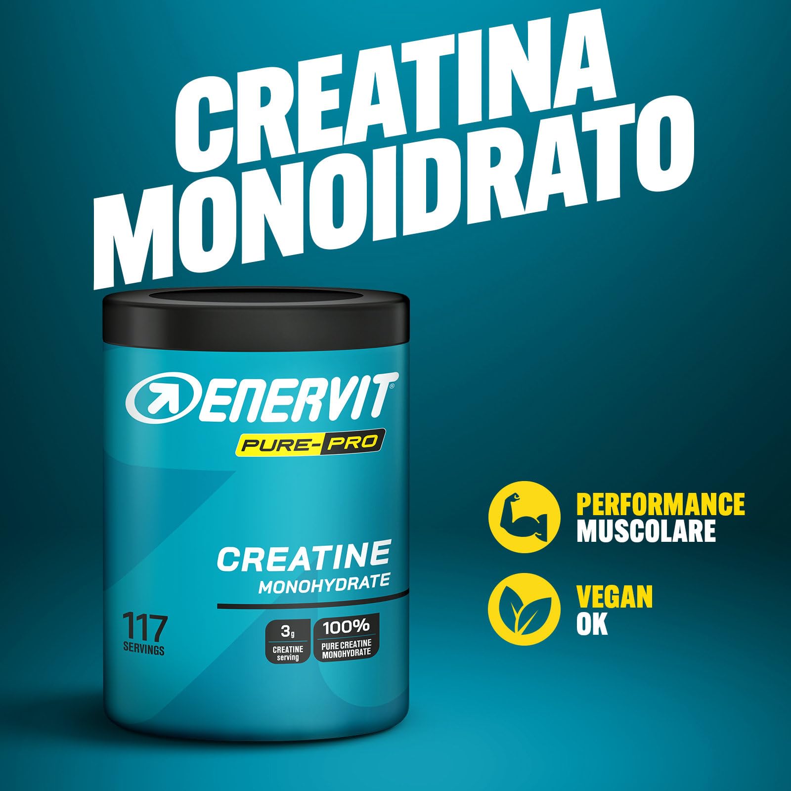 Enervit Pure-Pro Creatine, Creatina Monoidrata in Polvere, Gusto Anguria,Ideale per sforzi e Workout ad Alta Intensità, Vegan, Barattolo da 400g