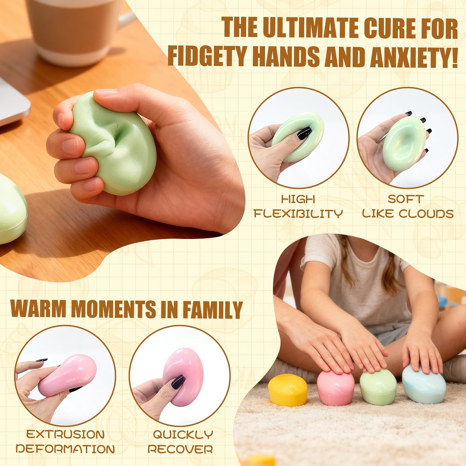 Squeeze & Soothe Slow-Rising Squishy - Silky Smooth Sensory Toy for Office Desk & Stress Relief - Calming Fidget Gadget for Focus & Anxiety Relief - Unique Gift Idea (4 PCS) image 5